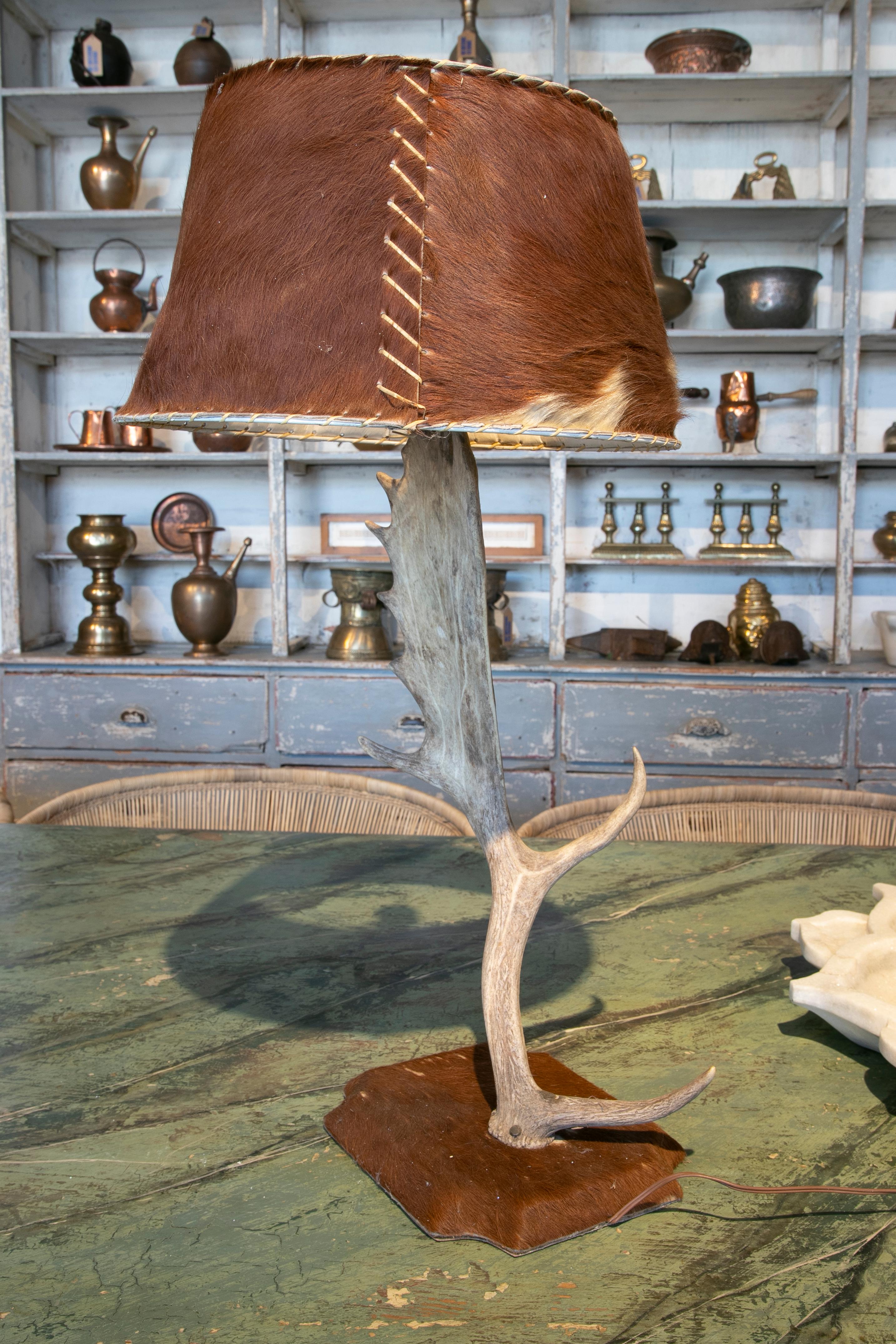 Late 20th Century Table Lamp Made with an Antler and Deer Leather Used for the Base and Shade For Sale