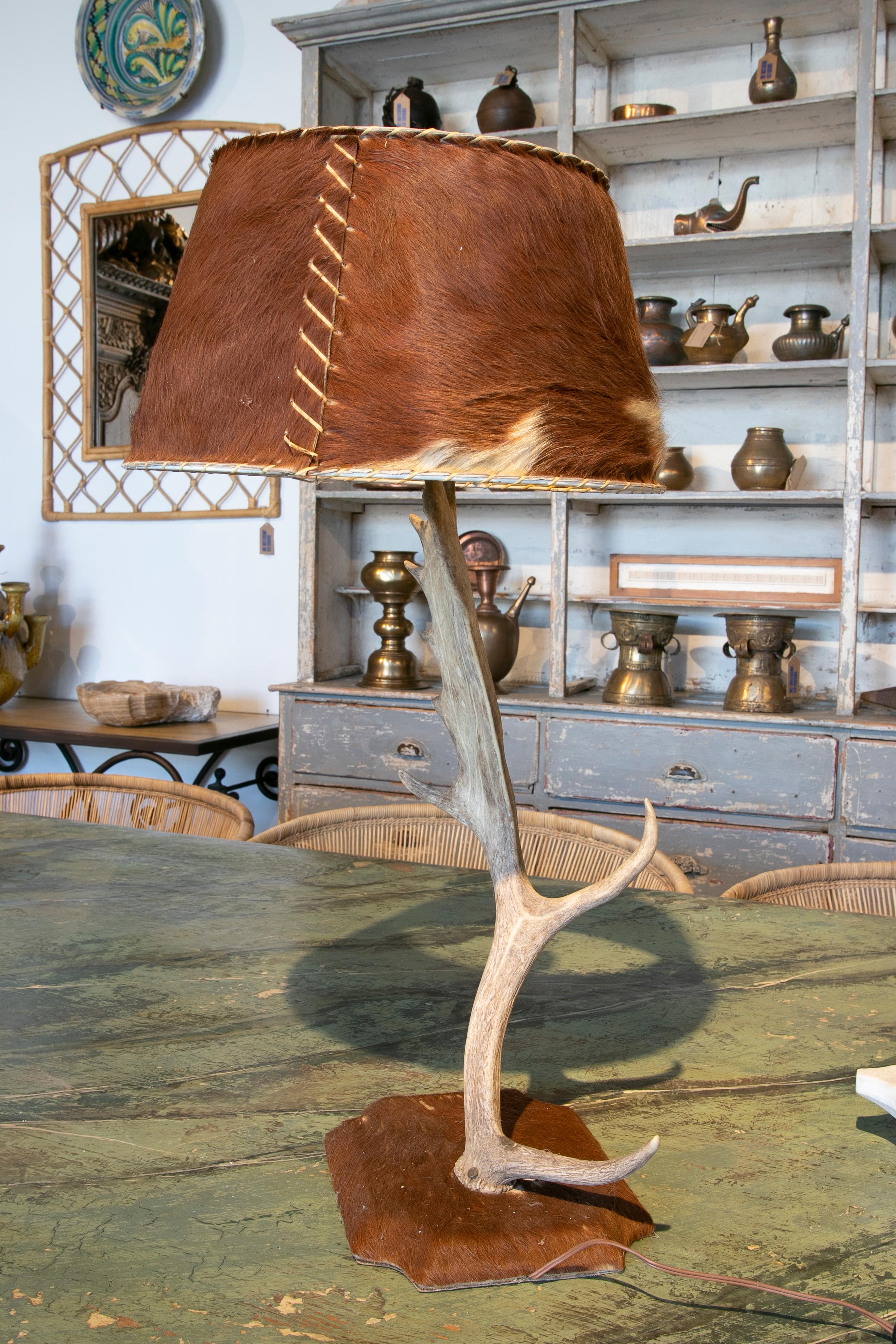 Horn Table Lamp Made with an Antler and Deer Leather Used for the Base and Shade For Sale