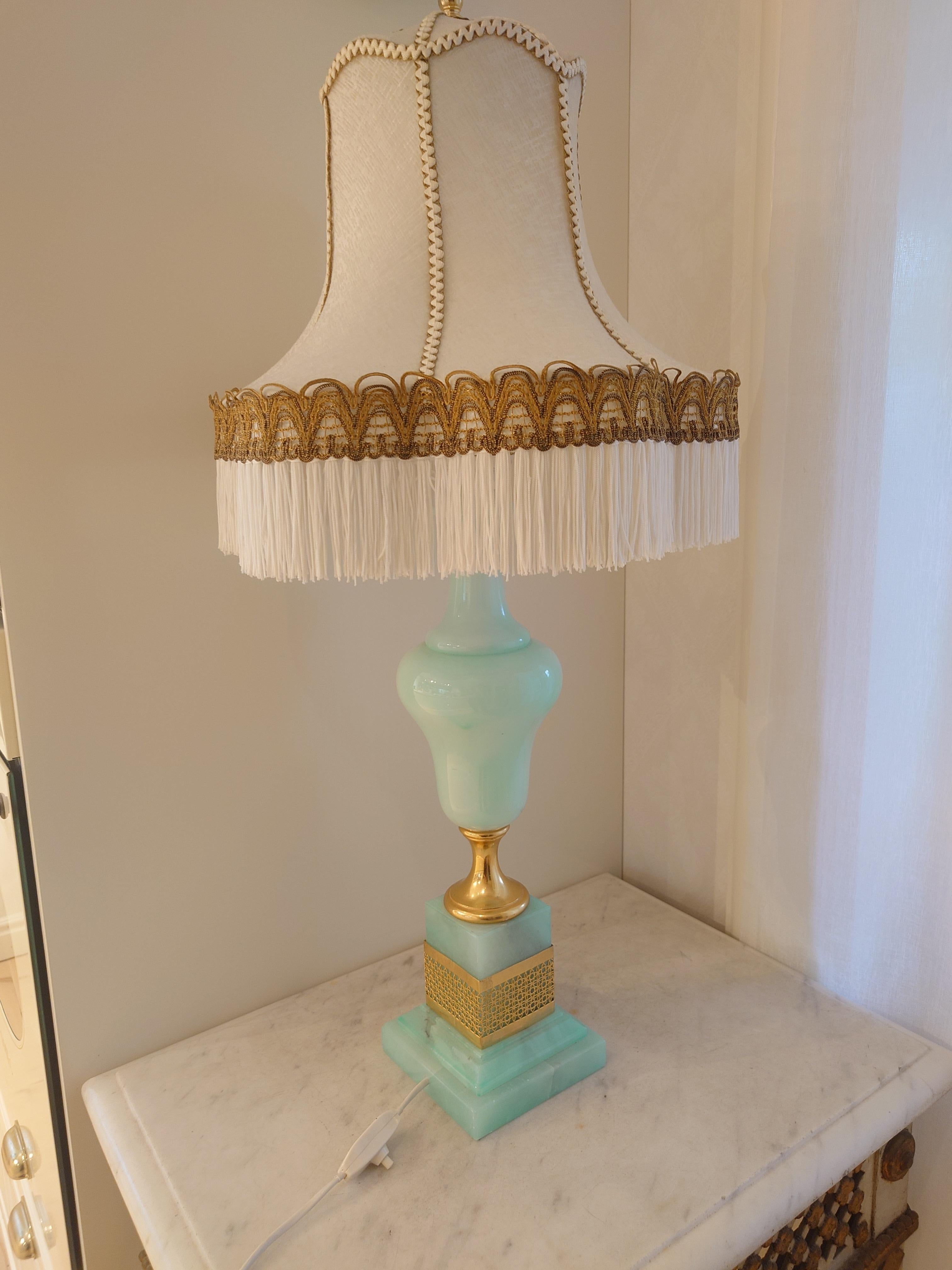 Mid-Century Modern Table lamp Mid-Century Italian Mint Green Alabasterer and Giltwood Lamps For Sale