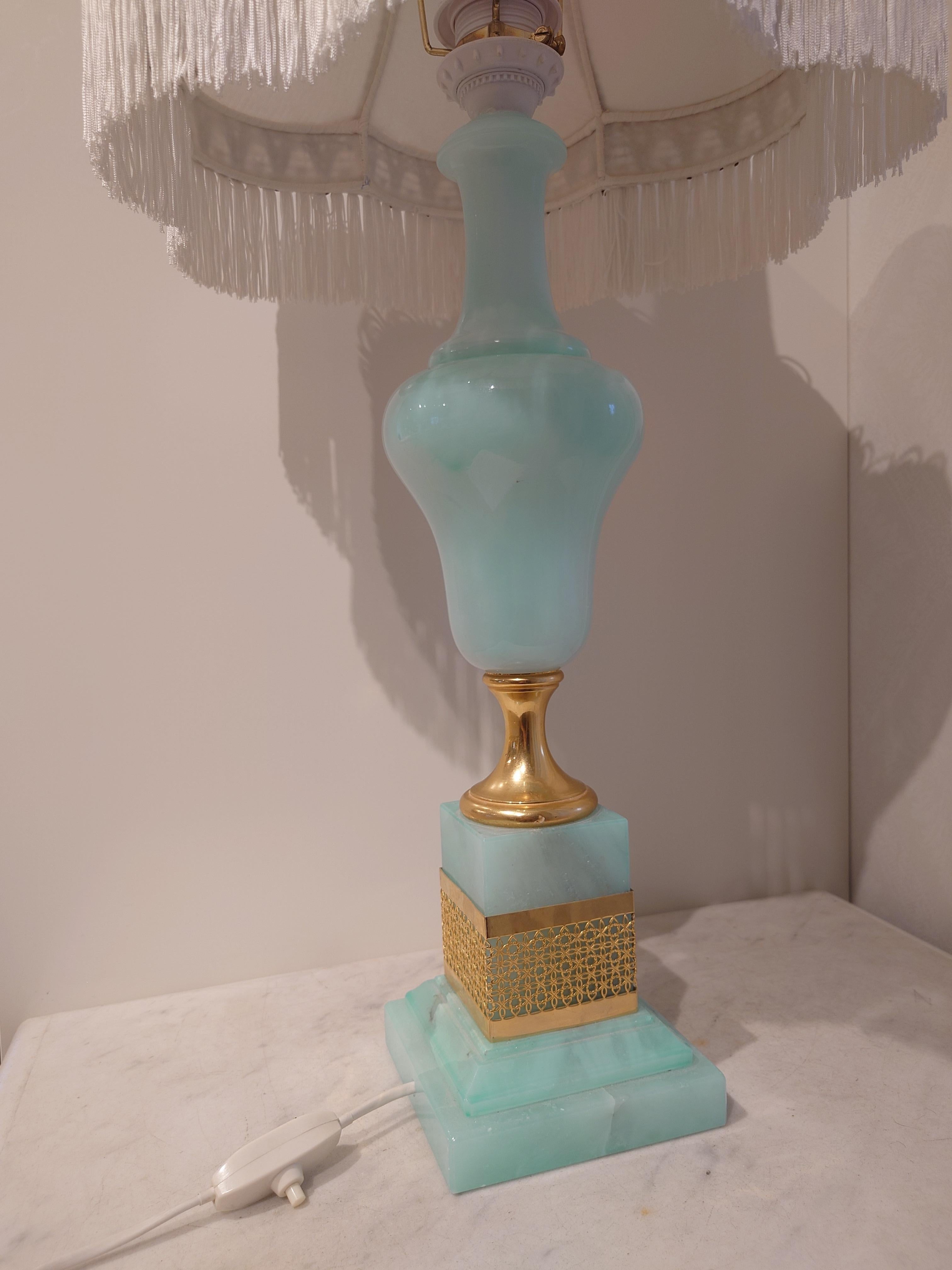 Table lamp Mid-Century Italian Mint Green Alabasterer and Giltwood Lamps In Good Condition For Sale In Boden, SE
