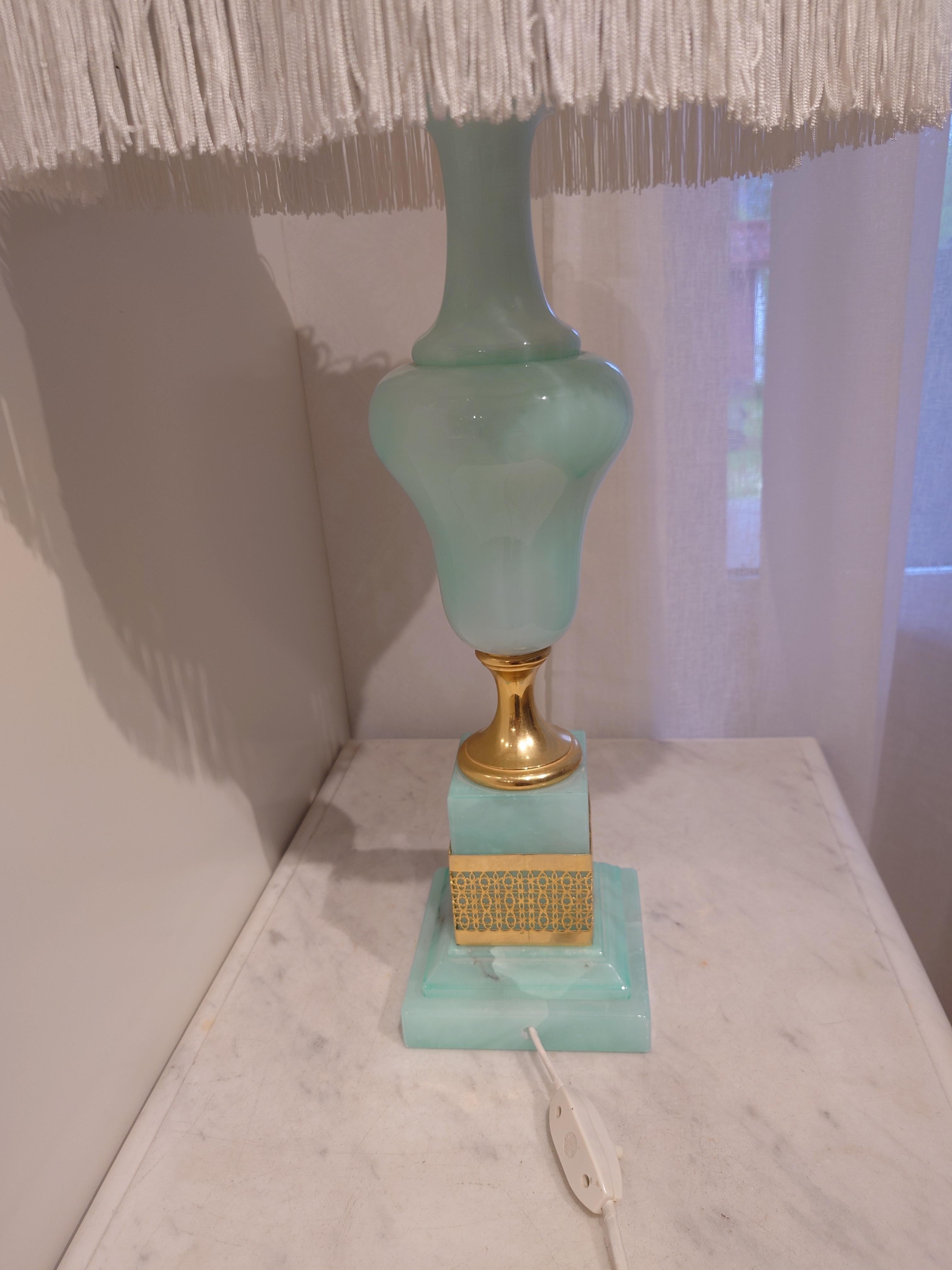 Table lamp Mid-Century Italian Mint Green Alabasterer and Giltwood Lamps For Sale 1