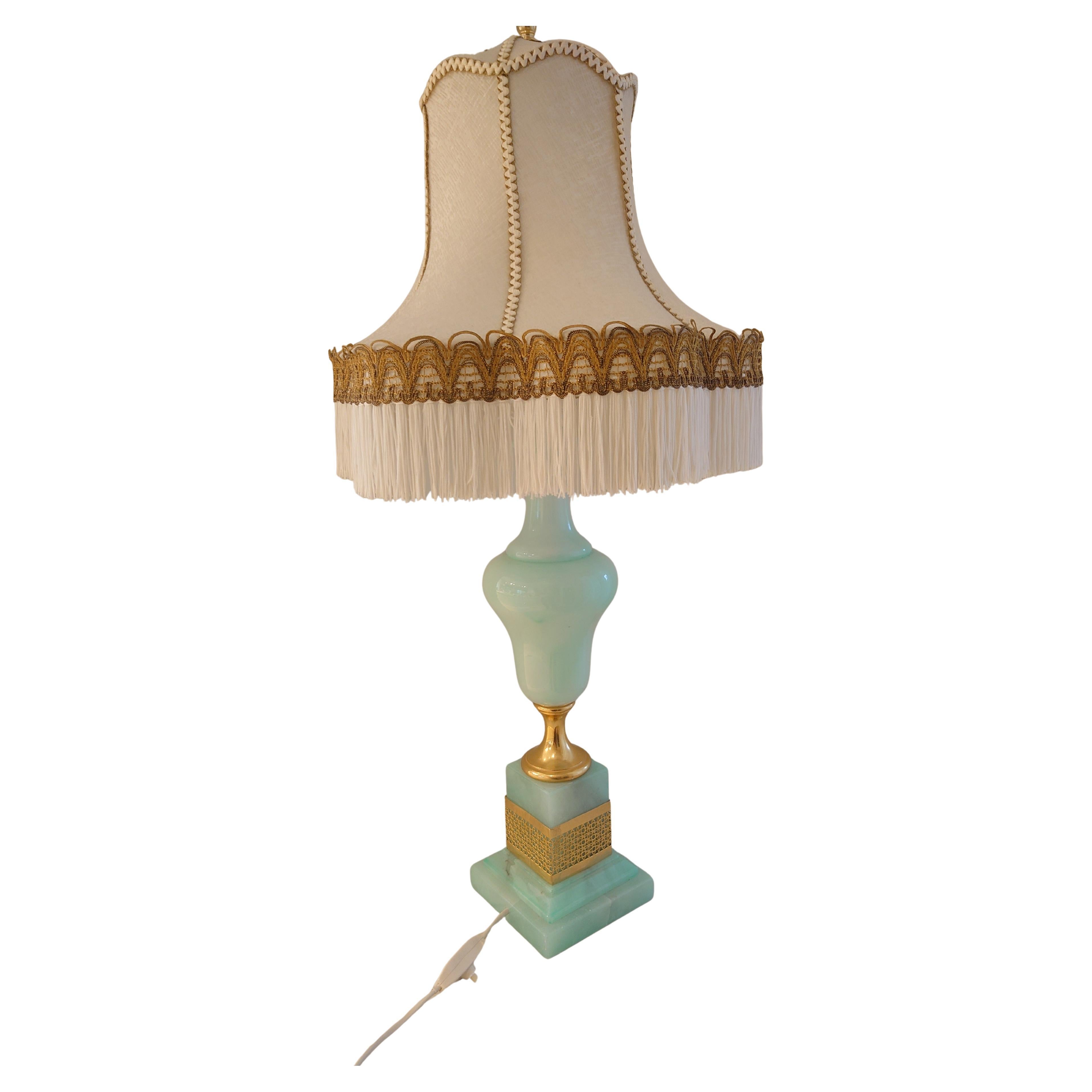 Table lamp Mid-Century Italian Mint Green Alabasterer and Giltwood Lamps For Sale