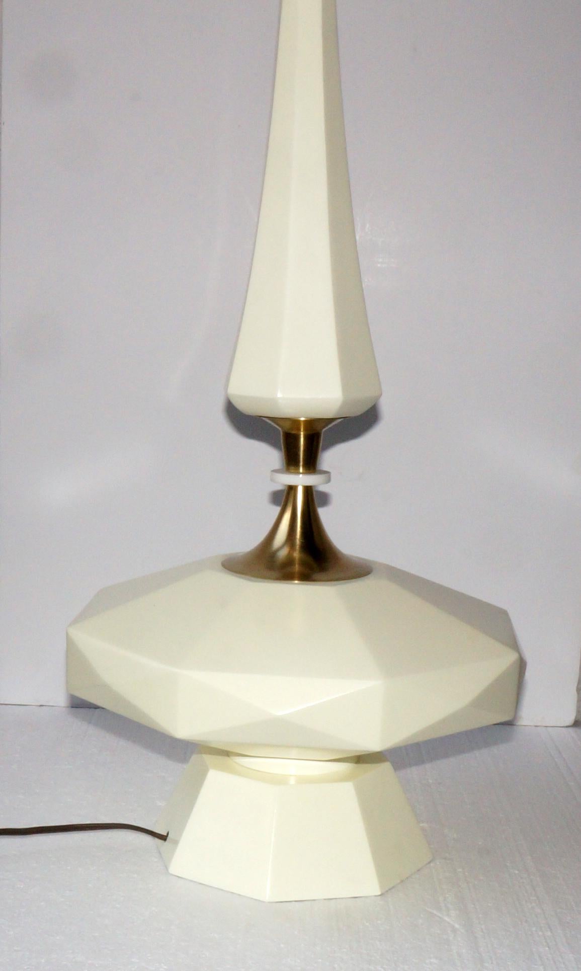 Set of 2 pieces. Lamps created circa 1950, in lacquered wood and bronze applications, the lampshades are original, fiberglass in extra-ordinary conditions. They are 2 monumental pieces.