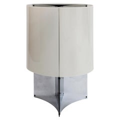 Table Lamp in White Round Plastic Shade and Chromed Plated Brass for Arteluce