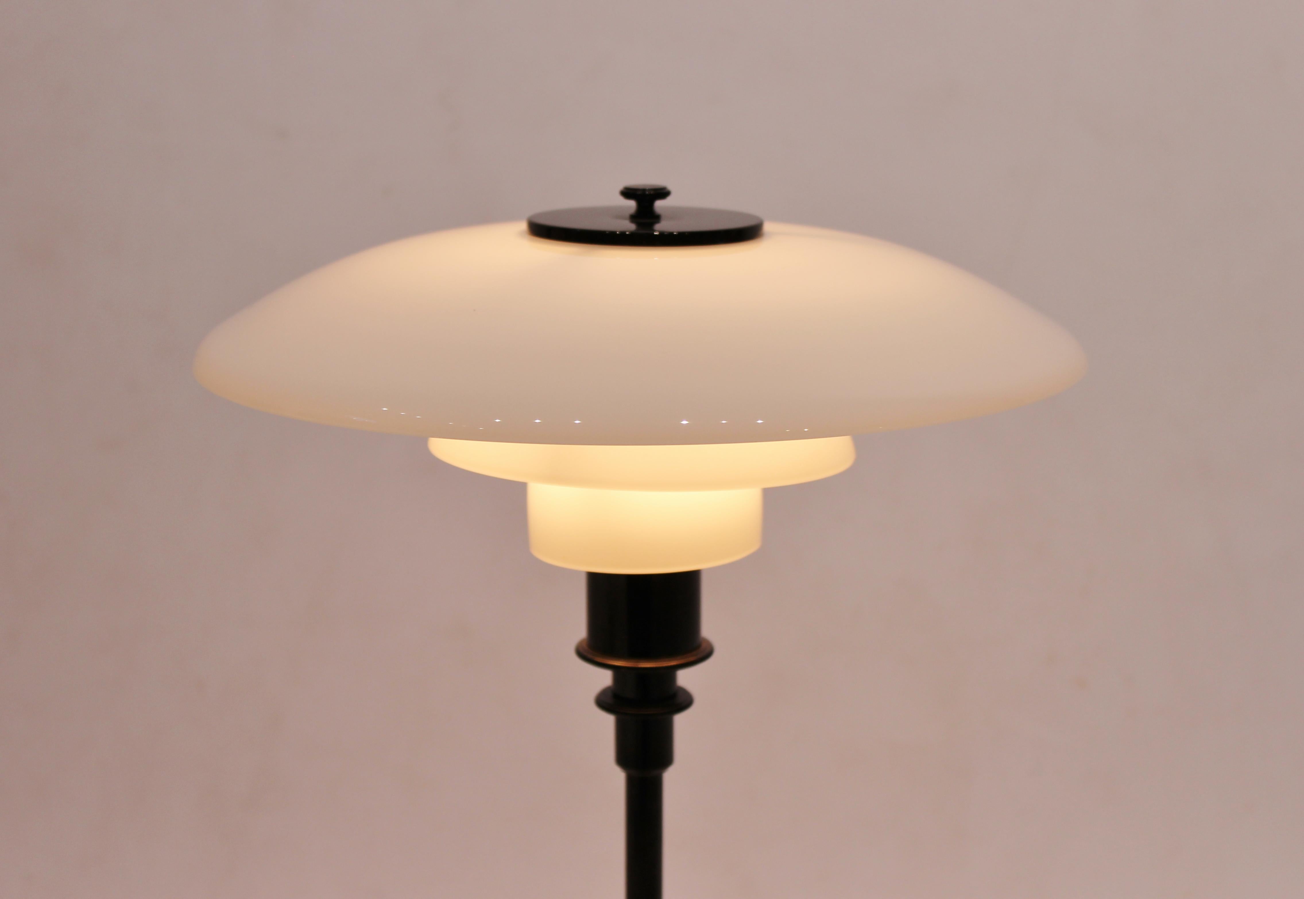 Scandinavian Modern Table Lamp, Model 3/2, with Black Frame and Opaline Glass, by Poul Henningsen