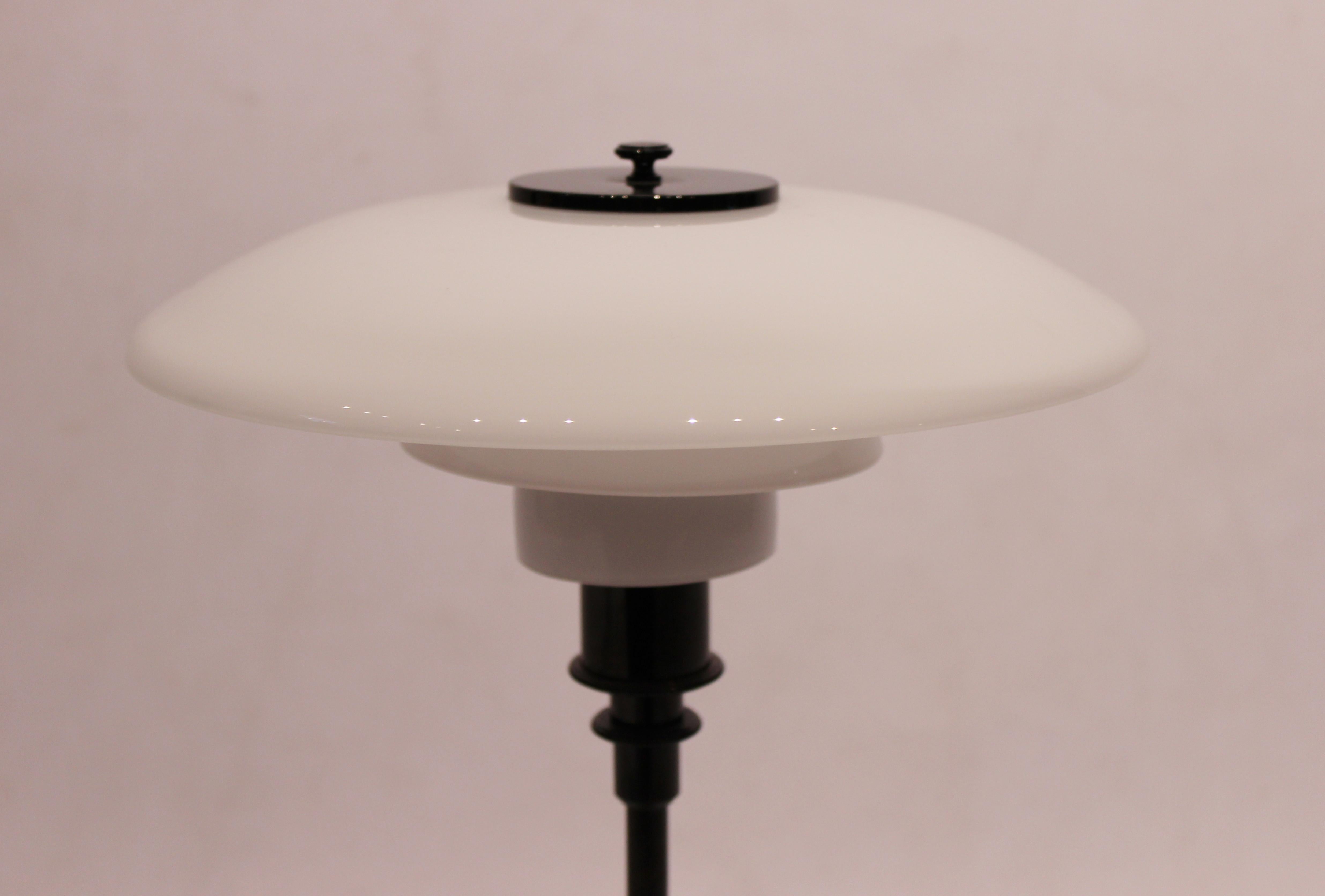 Danish Table Lamp, Model 3/2, with Black Frame and Opaline Glass, by Poul Henningsen