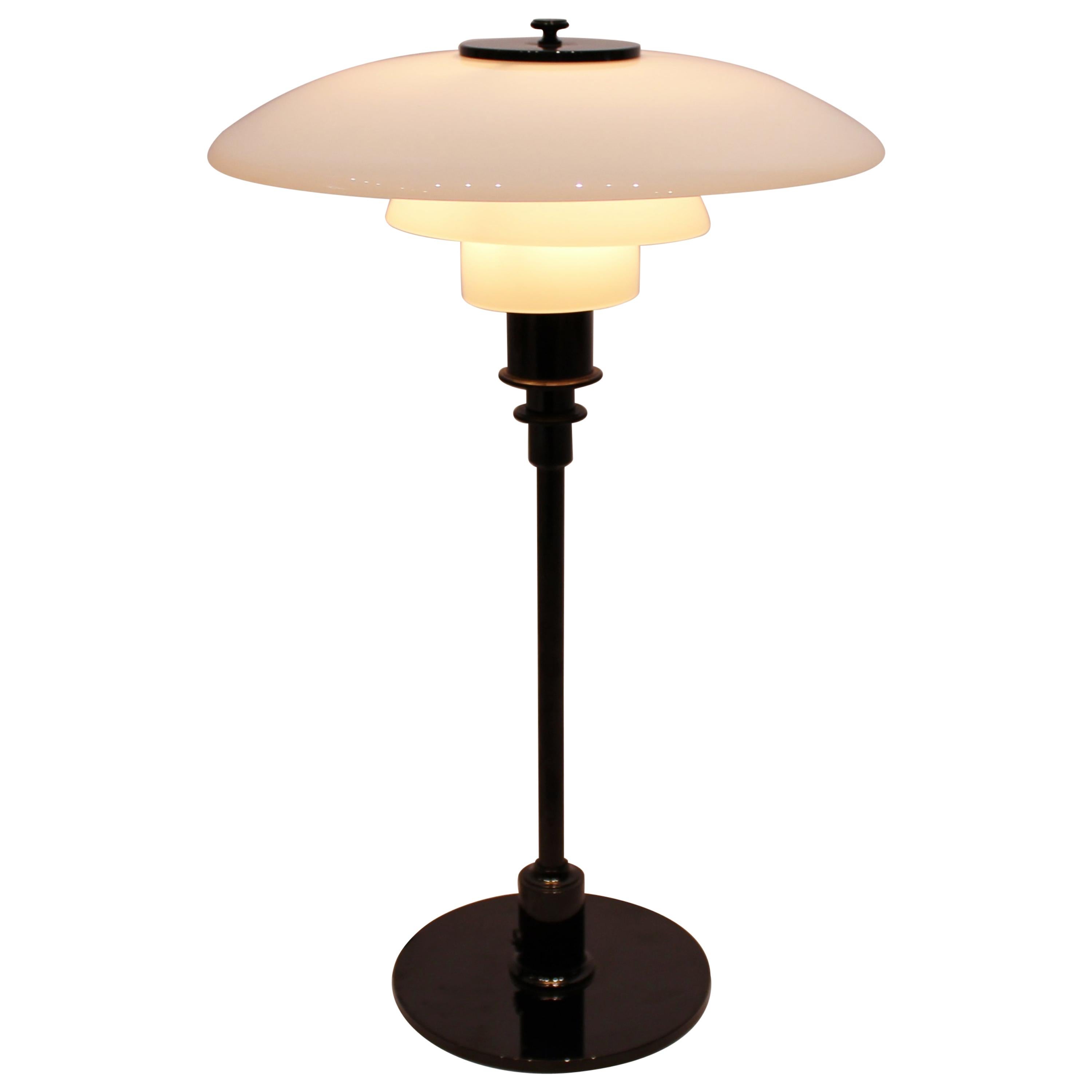 Table Lamp, Model 3/2, with Black Frame and Opaline Glass, by Poul Henningsen