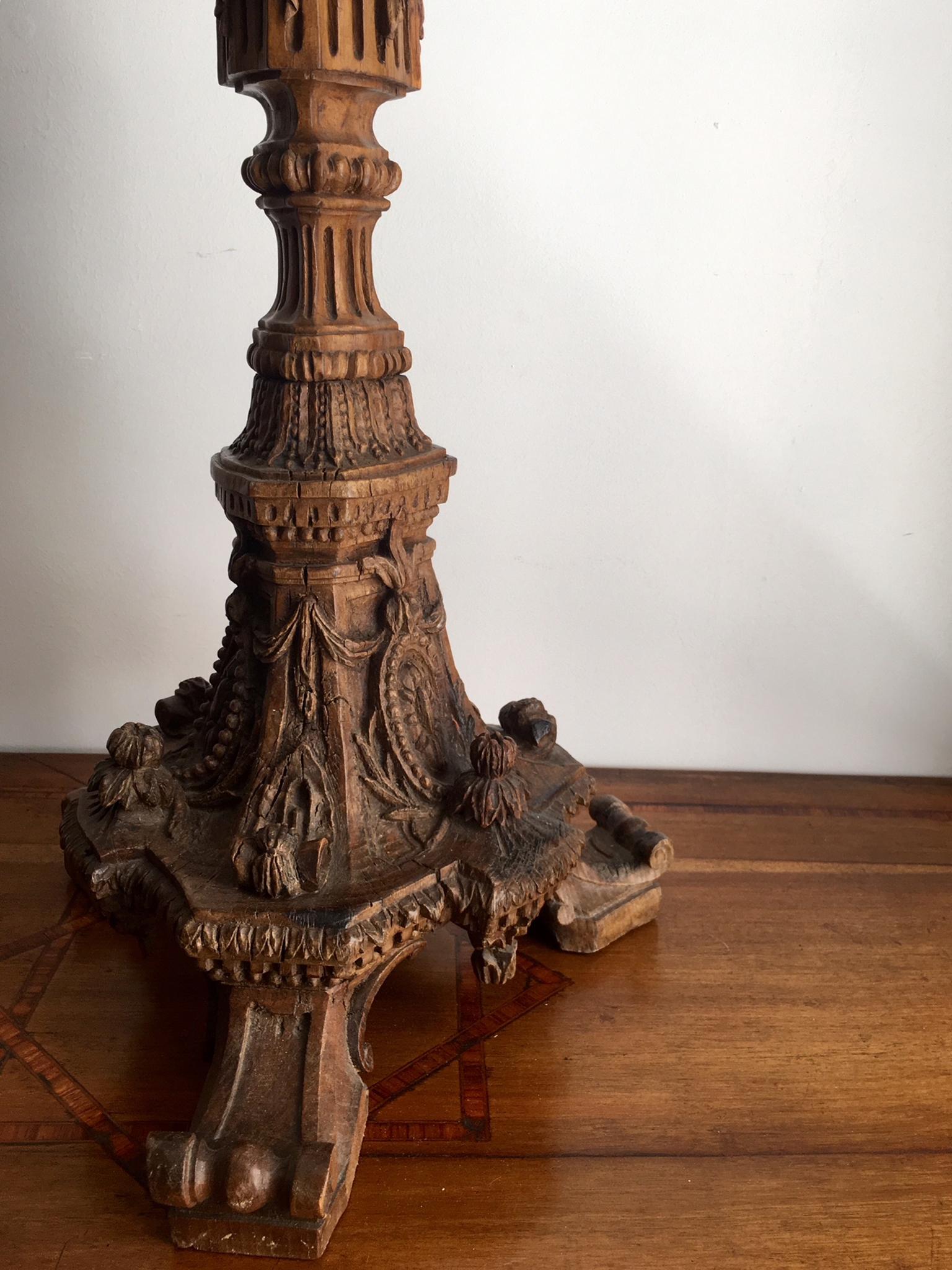 Antique baroque Portuguese candle stick mounted as floor lamp, hand carved tall column manufactured in walnut.

Dimensions are of candle stick only.