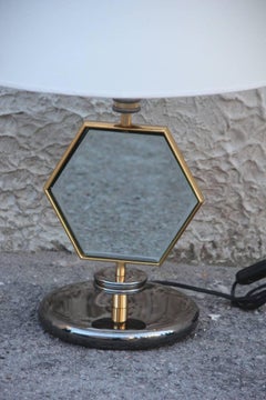 Table Lamp Esagonal  1970s Brass Chrome Fabric Dome Mirror Italian Design