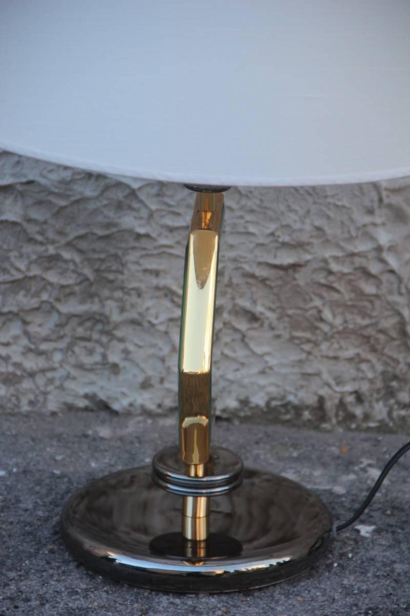 Mid-Century Modern Table Lamp Esagonal  1970s Brass Chrome Fabric Dome Mirror Italian Design  For Sale