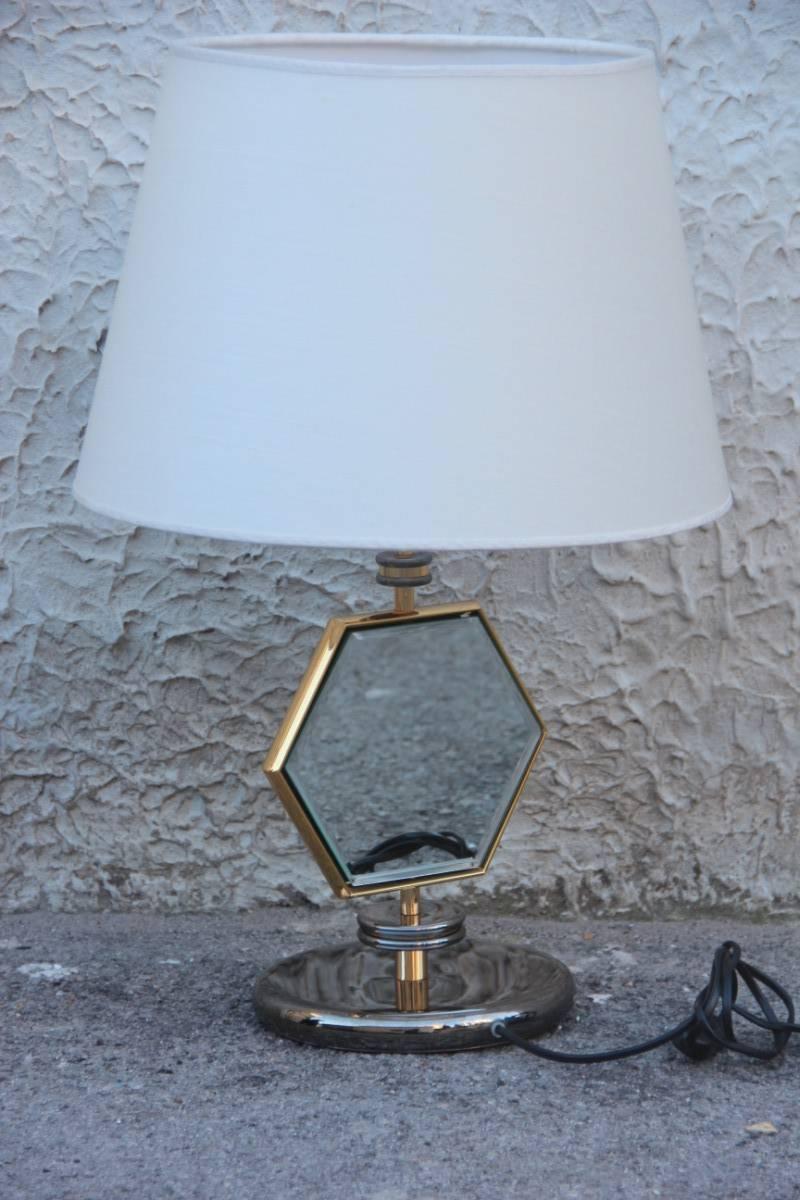 Table Lamp Esagonal  1970s Brass Chrome Fabric Dome Mirror Italian Design  In Excellent Condition For Sale In Palermo, Sicily