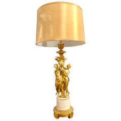 Table Lamp of Dore Bronze and White Marble Base, Two Full Bodied Women Decorated
