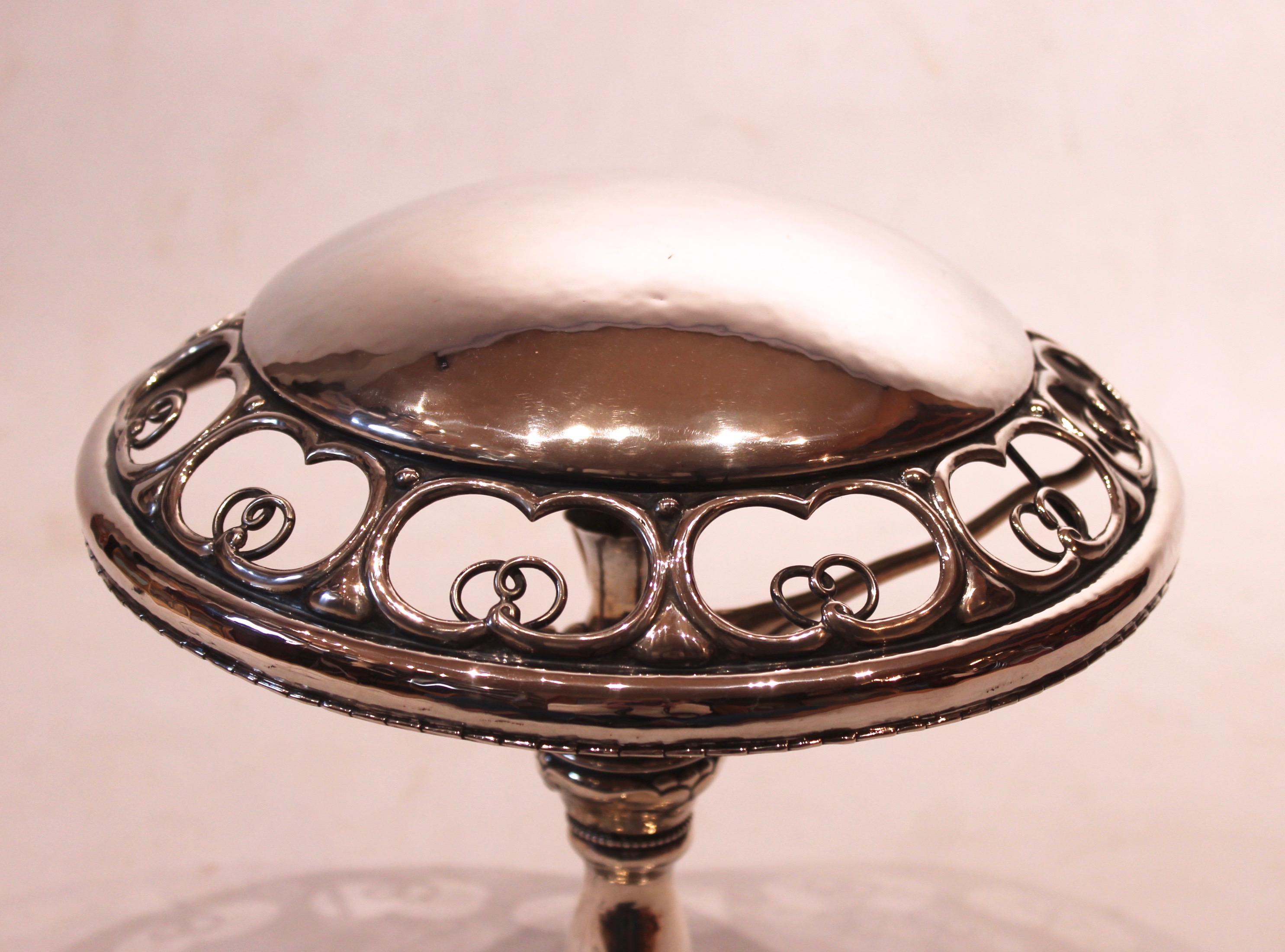Danish Table Lamp of Hallmarked Silver and Beautifully Decorated Shade For Sale