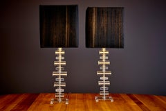 Table Lamp Pair Plexiglass with black shade in the style of Karl Springer 1970s