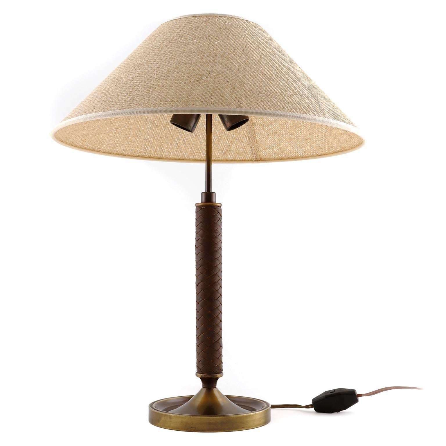 Mid-Century Modern Table Lamp, Patinated Brass Leather Cane, 1950