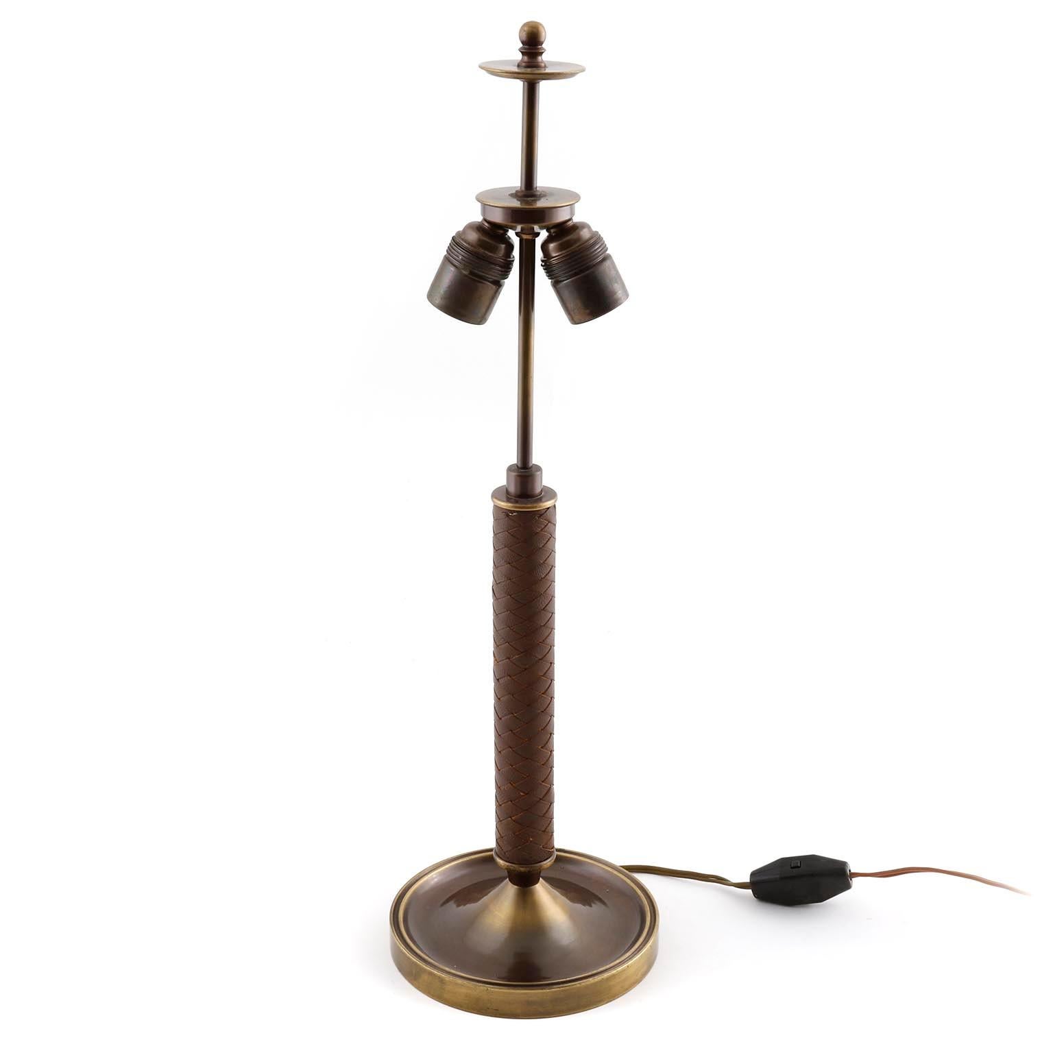 Austrian Table Lamp, Patinated Brass Leather Cane, 1950