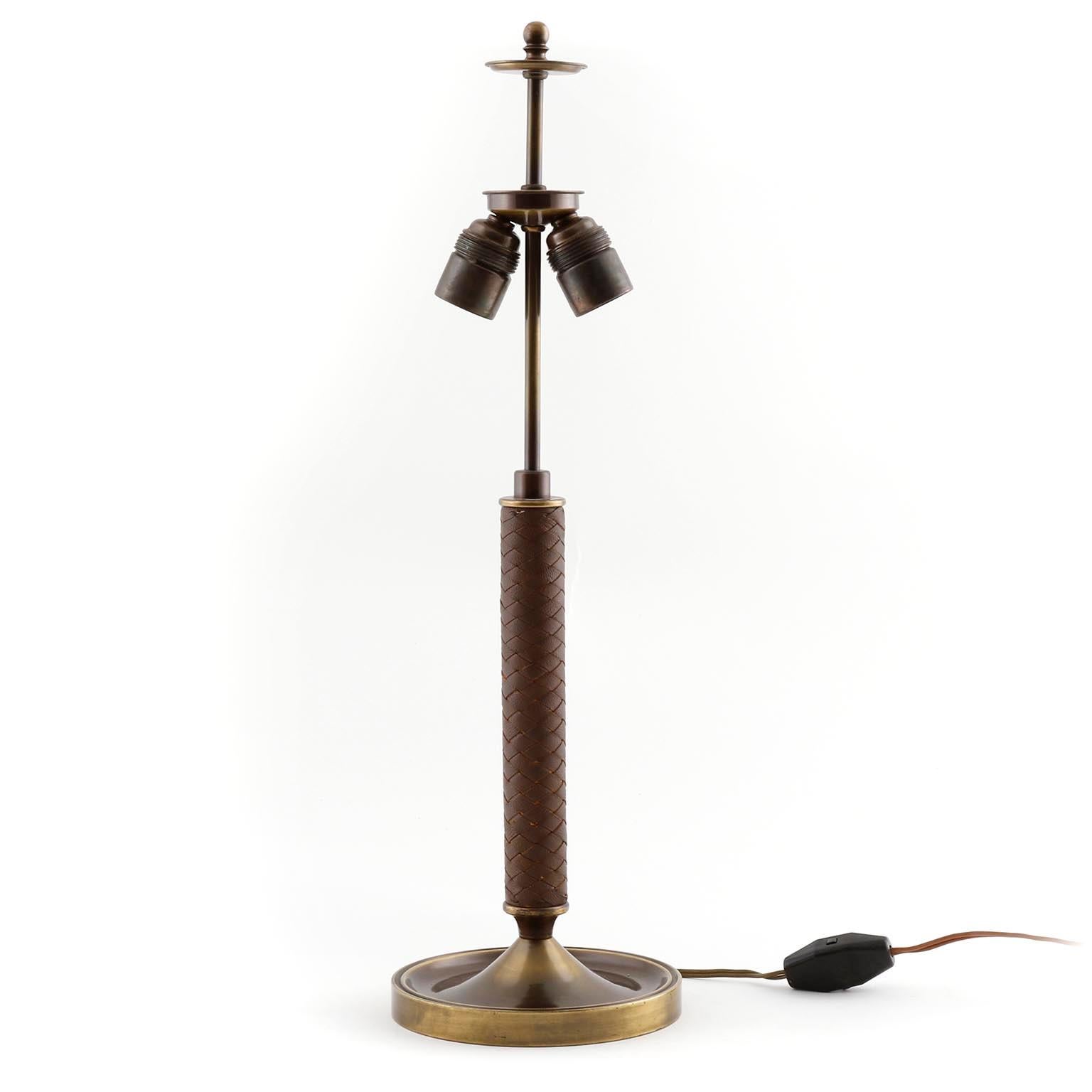 Table Lamp, Patinated Brass Leather Cane, 1950 In Excellent Condition In Hausmannstätten, AT