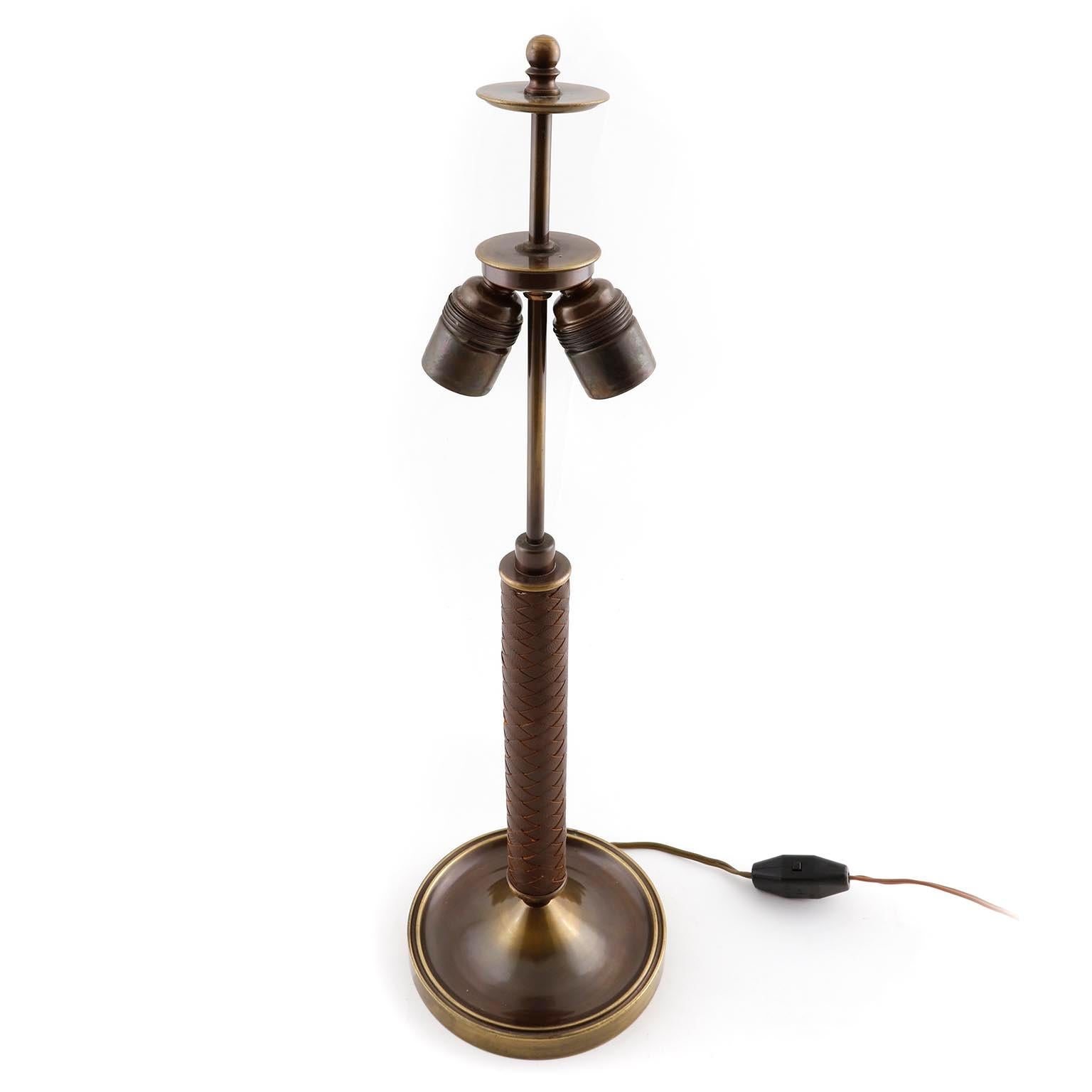 Mid-20th Century Table Lamp, Patinated Brass Leather Cane, 1950