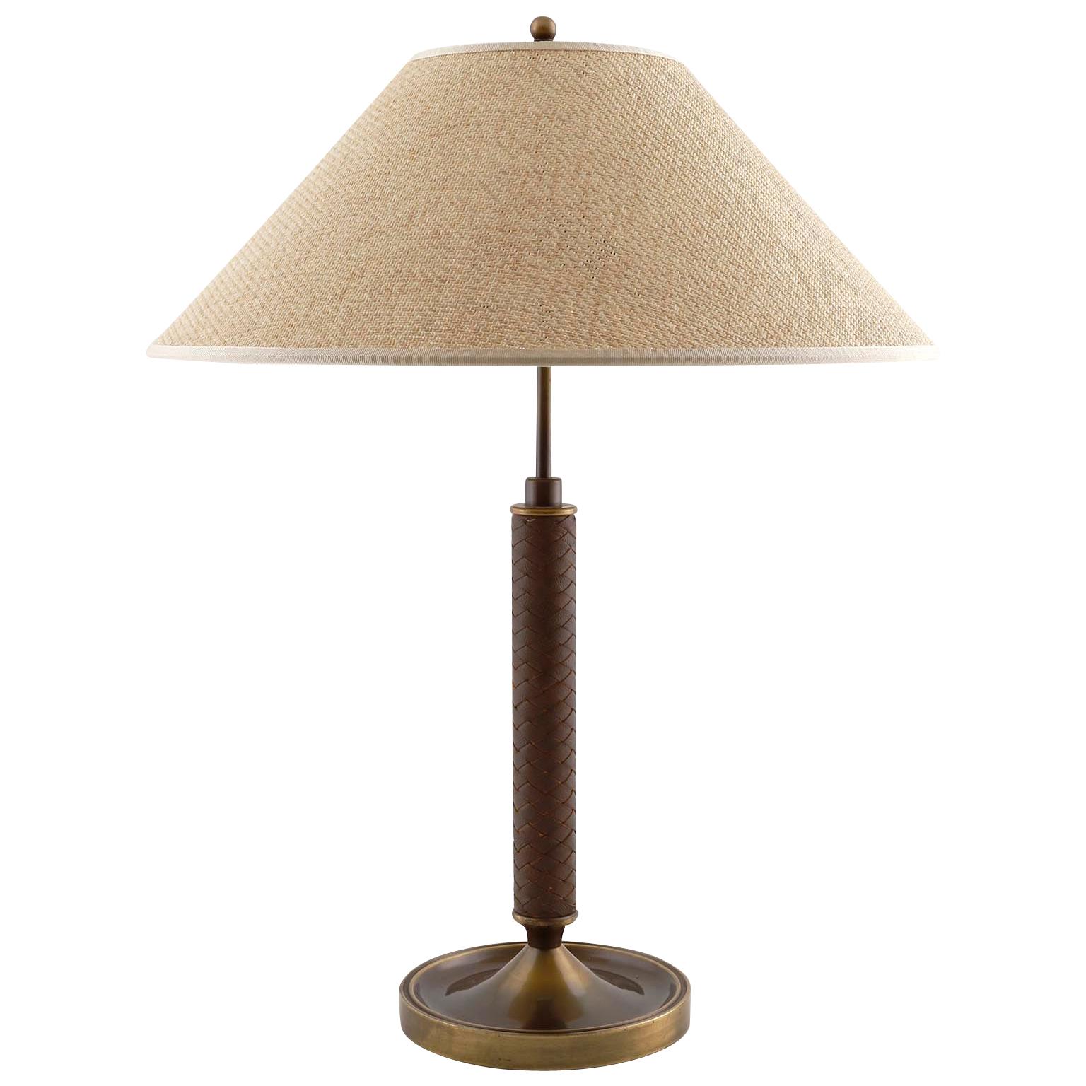 Table Lamp, Patinated Brass Leather Cane, 1950