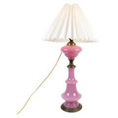 Antique Table Lamp, Pink Opaline Glass, Brass Base, 1880