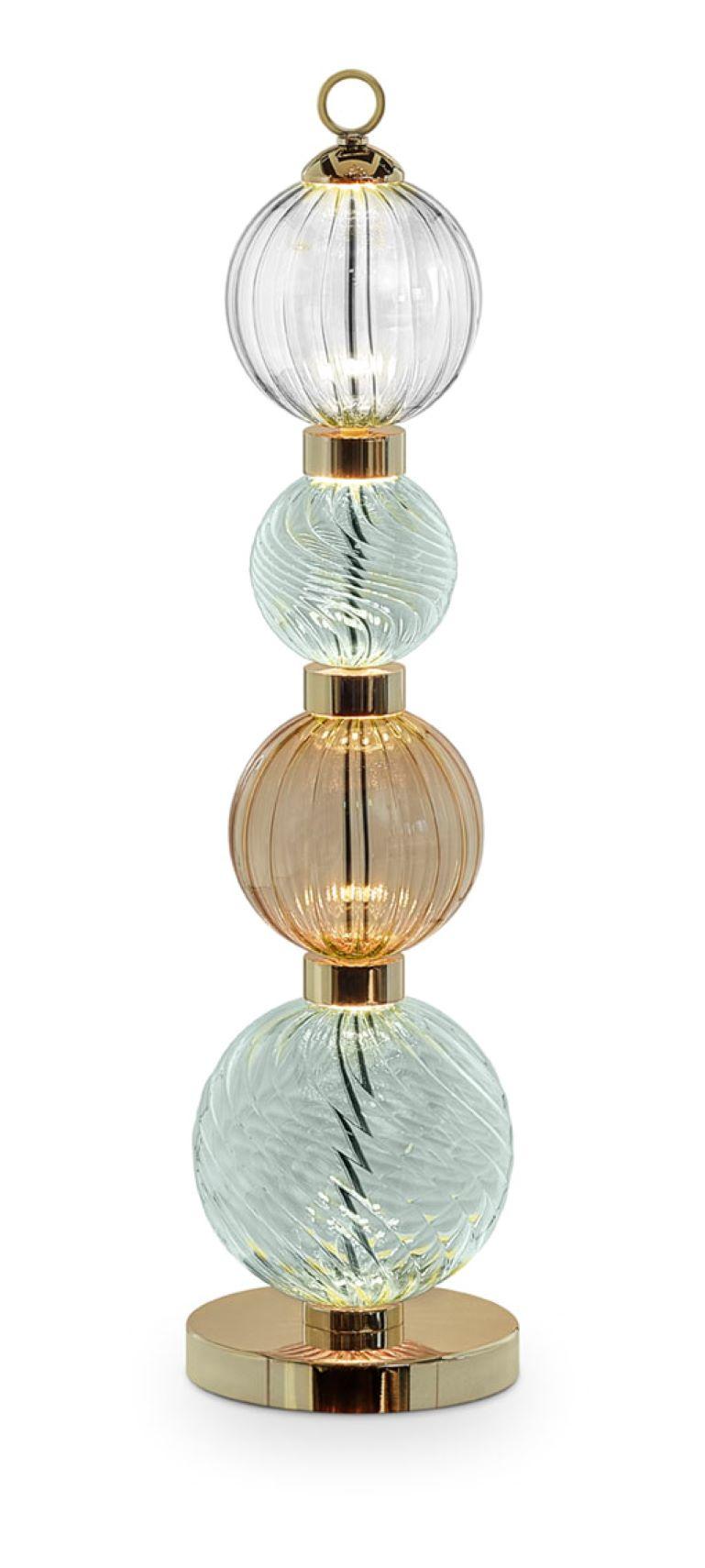 Modern Table Lamp Polished Champagne or Chrome Finish Murano Glass Spheres Customizable For Sale