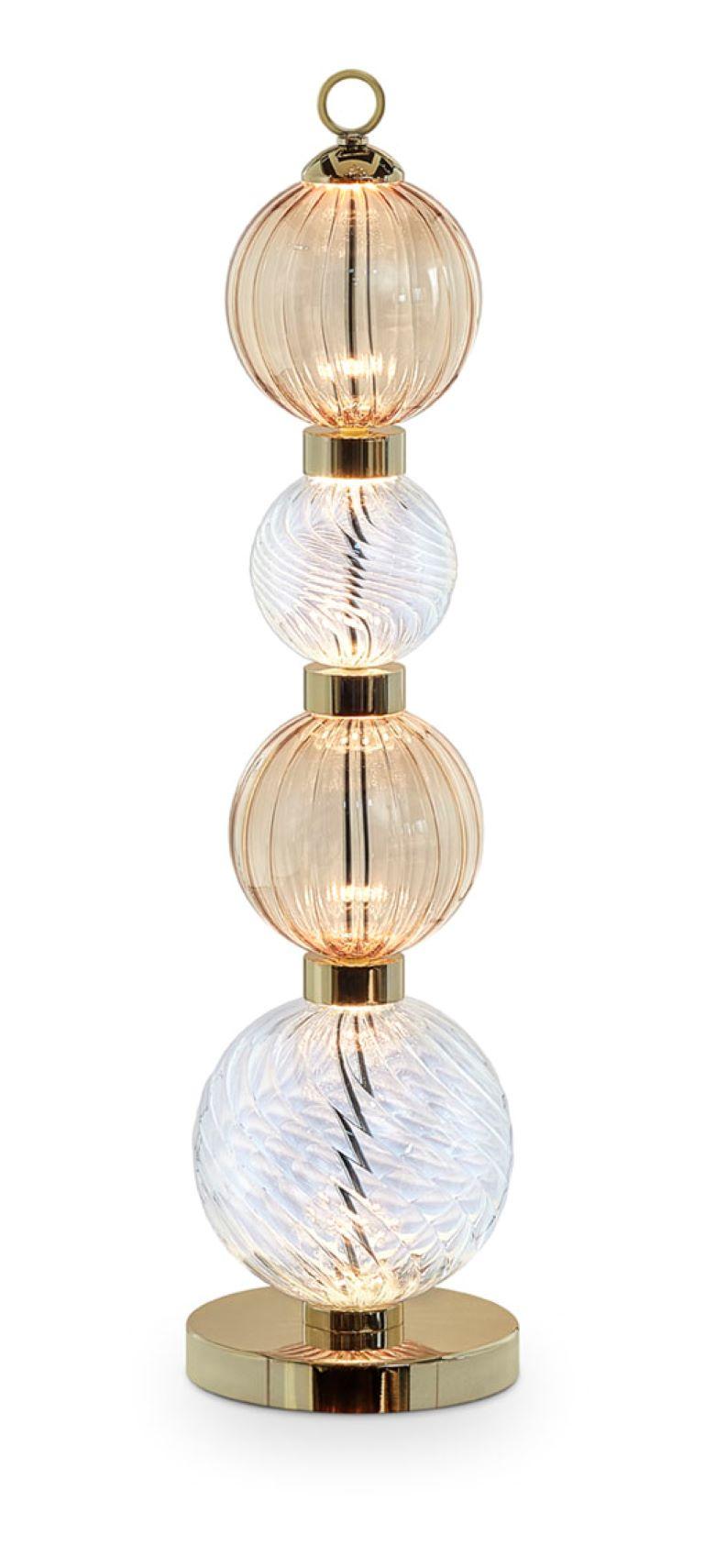 Italian Table Lamp Polished Champagne or Chrome Finish Murano Glass Spheres Customizable For Sale