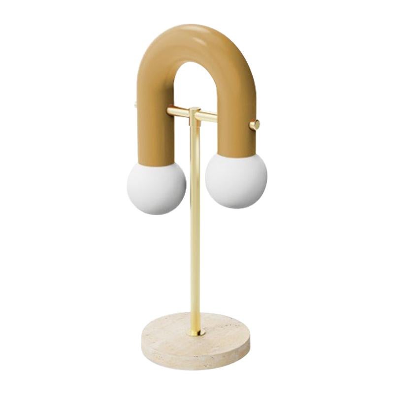 Contemporary Art Deco inspired Table Lamp Pyppe in Brass, Mustard and Travertine For Sale