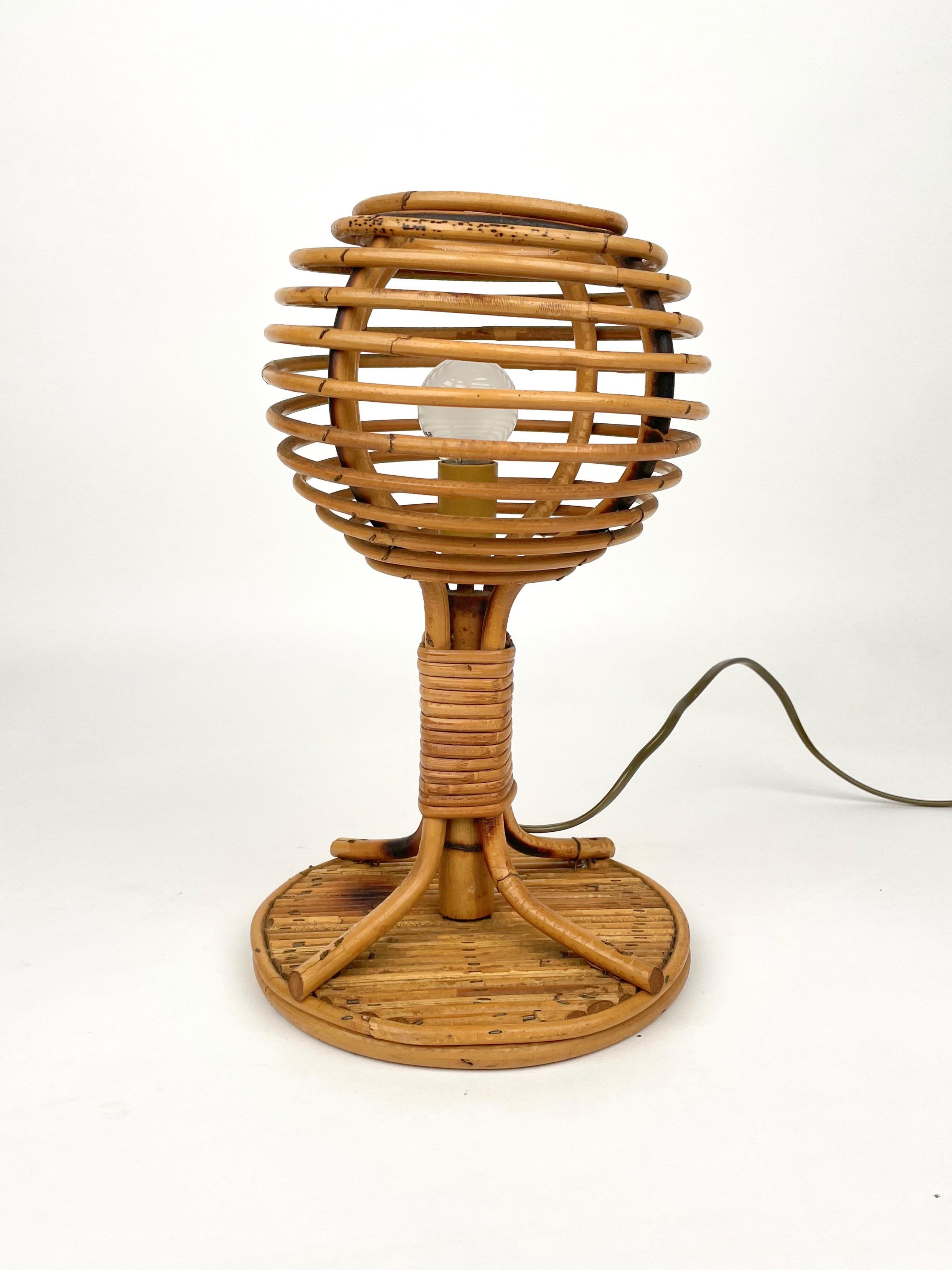 French Table Lamp Rattan & Bamboo Louis Sognot Style, Italy 1960s