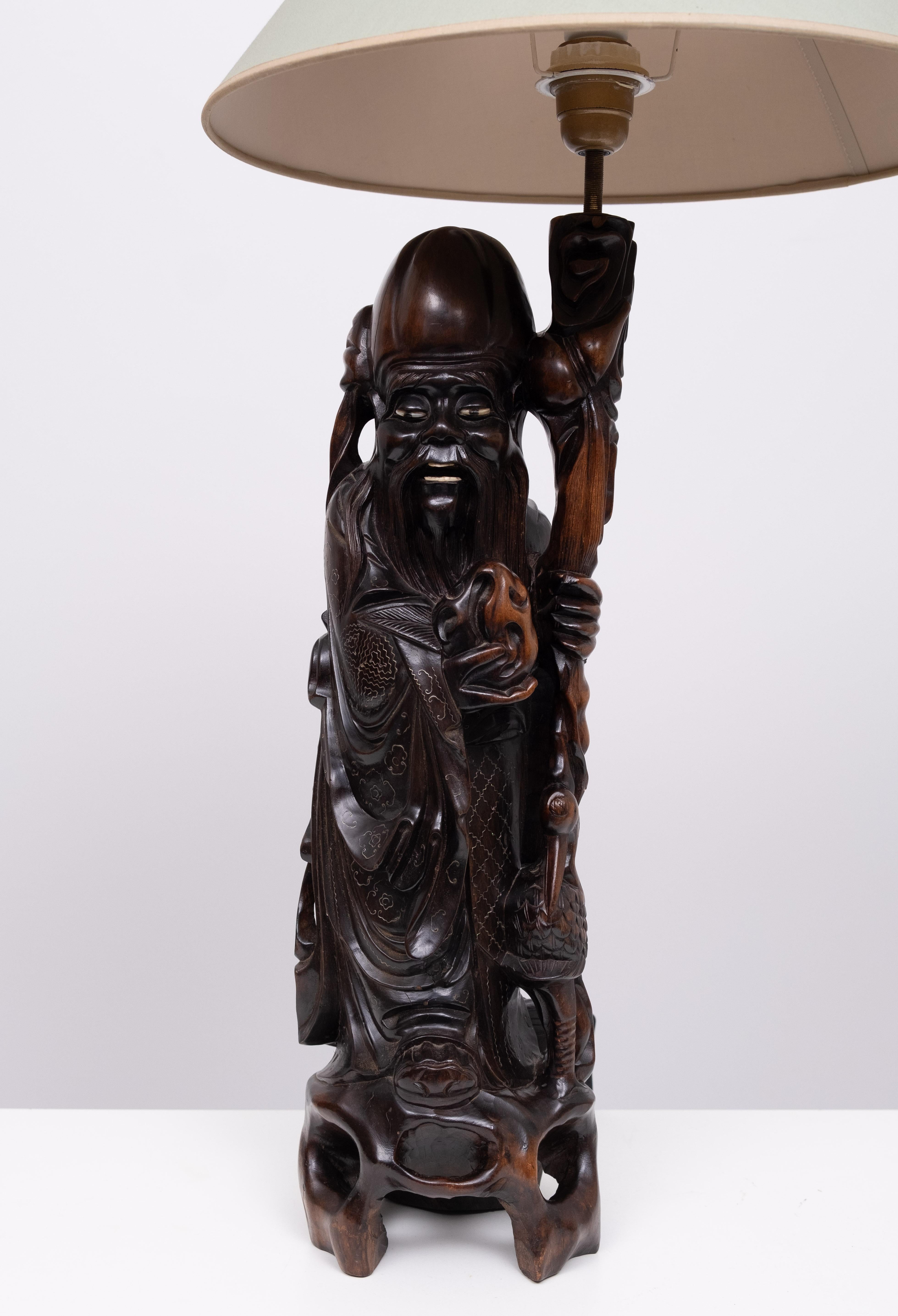 Exportation chinoise Lampe à poser  Bois de rose  - Shoulao - God of Longevity Prosperety - Chine en vente