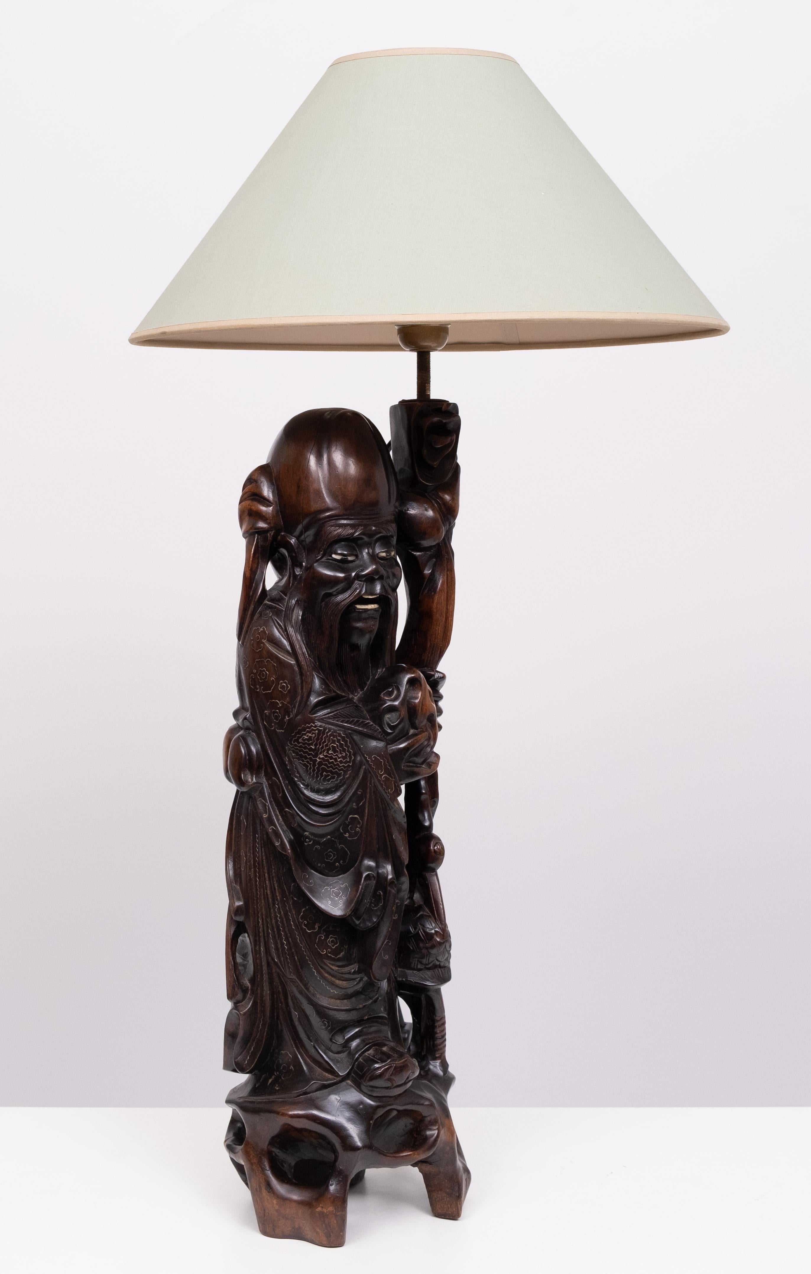 Chinois Lampe à poser  Bois de rose  - Shoulao - God of Longevity Prosperety - Chine en vente