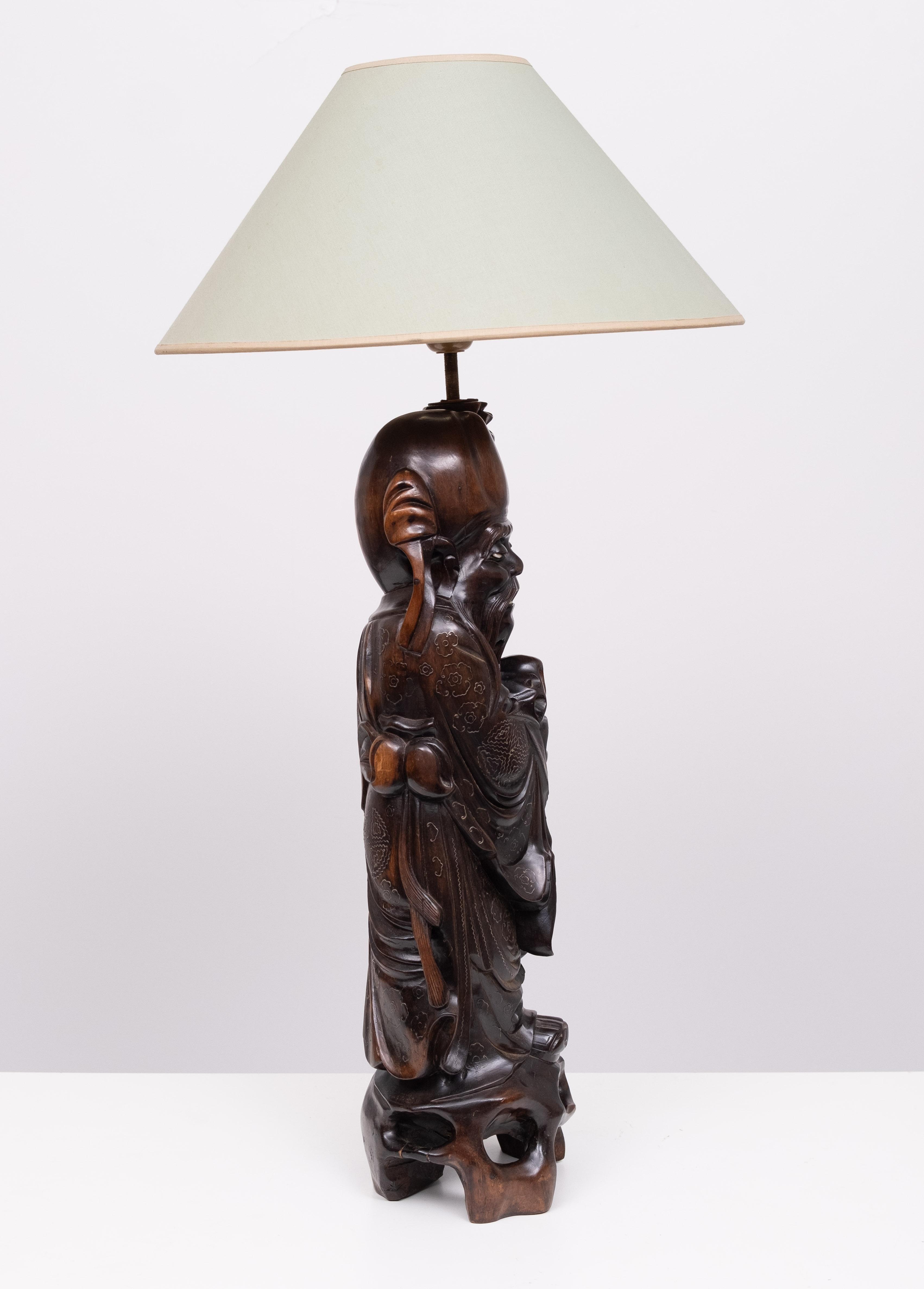 Sculpté Lampe à poser  Bois de rose  - Shoulao - God of Longevity Prosperety - Chine en vente
