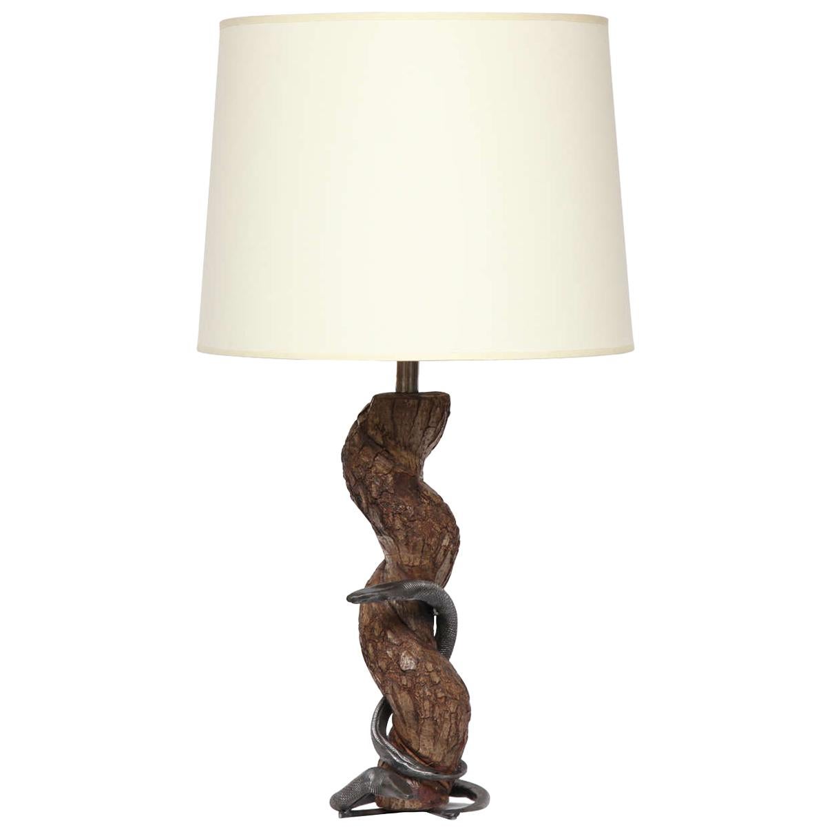 Table Lamp Sculptural Snake Wood and Wrought Iron, France, 1940s For Sale