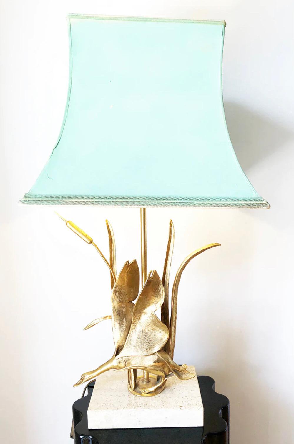 French Table Lamp Sculpture Brass Travertine Base Attr. Maison Charles For Sale