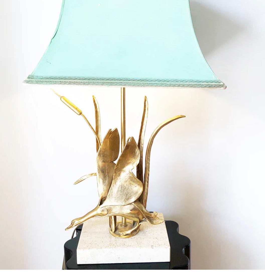 Table Lamp Sculpture Brass Travertine Base Attr. Maison Charles For Sale 2