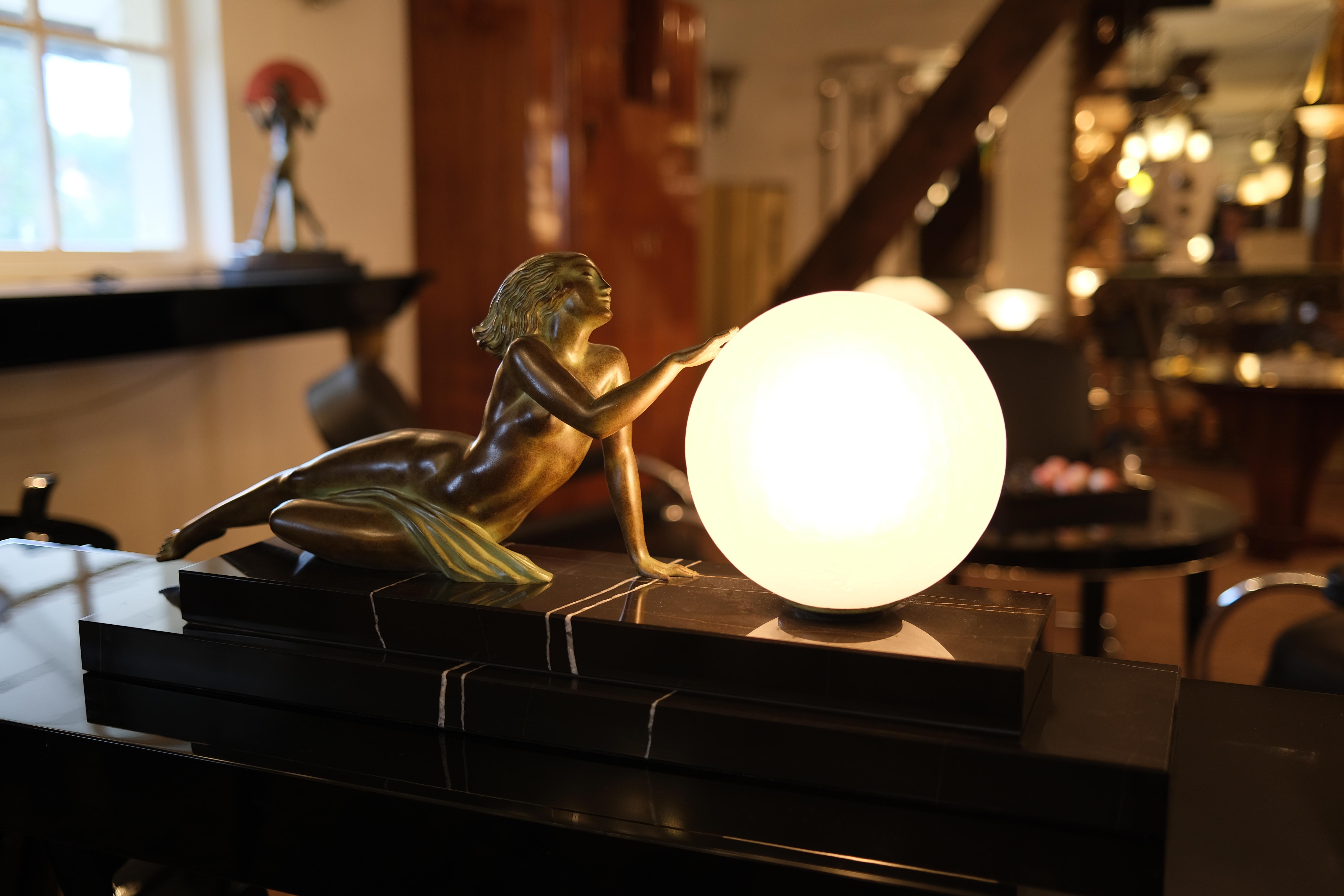 Art Deco Table Lamp Seduction Lumineuse Lady with Glass Ball by Fayral and Max Le Verrier