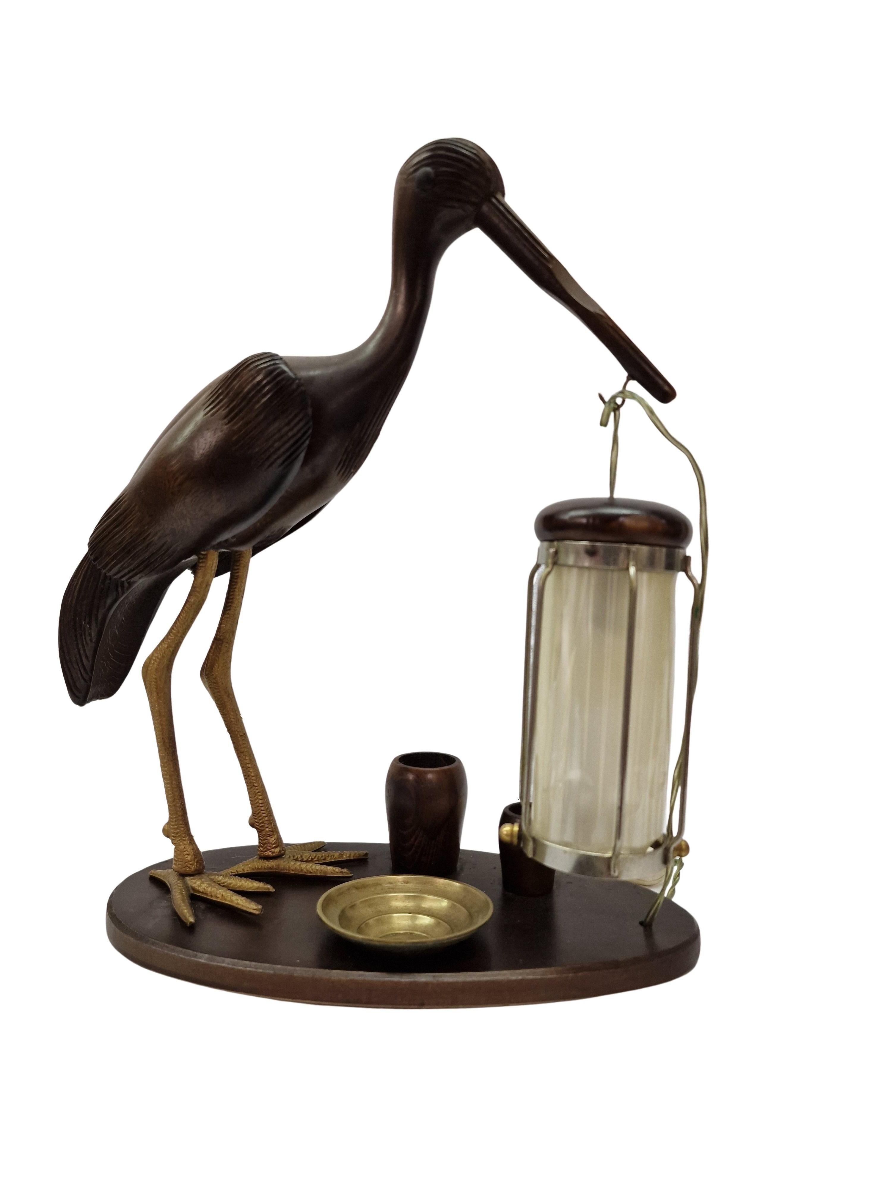 Mid-20th Century Table lamp set, bird holding lantern, ashtray, Design, Aldo Tura, 1940s, Italy For Sale