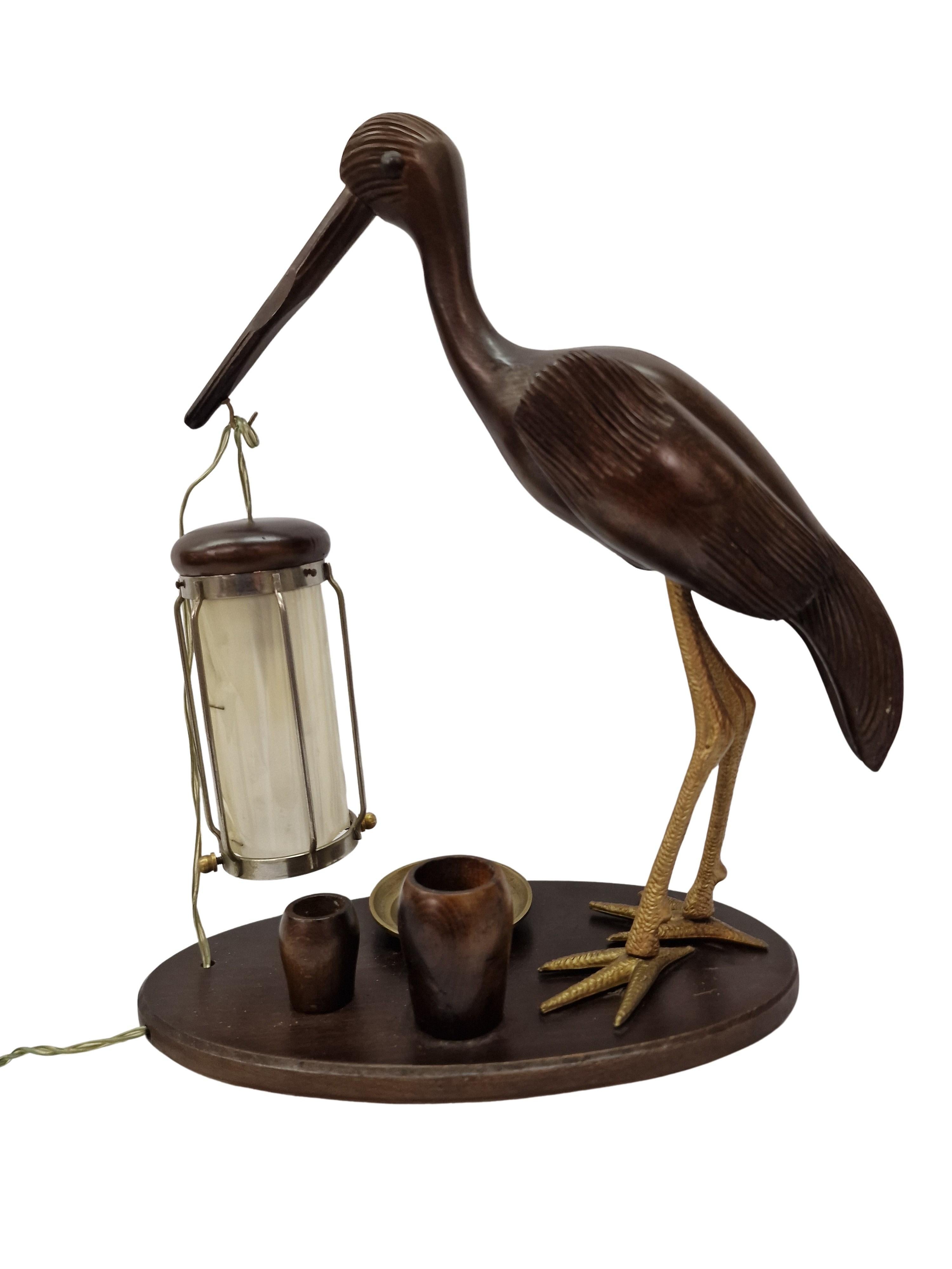 Brass Table lamp set, bird holding lantern, ashtray, Design, Aldo Tura, 1940s, Italy For Sale