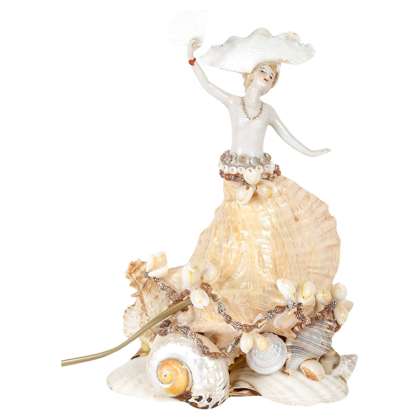 Table Lamp, Shell and Porcelain Sculpture, 20th Century. For Sale