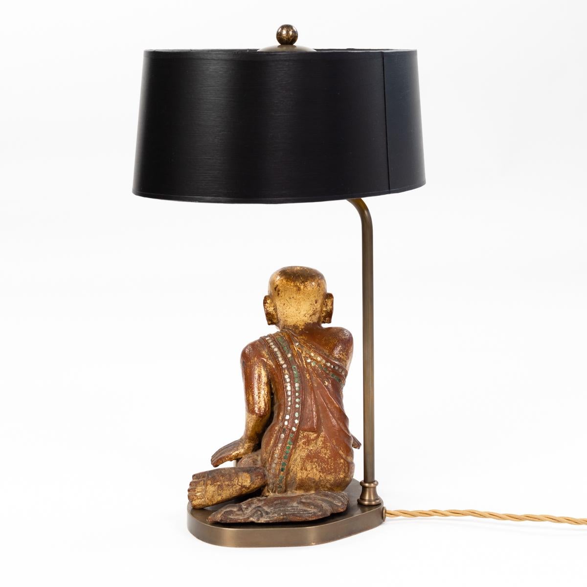 Burmese Table Lamp Sitting Wooden Mandalay Priest with Decorations, Burma, 19th Century