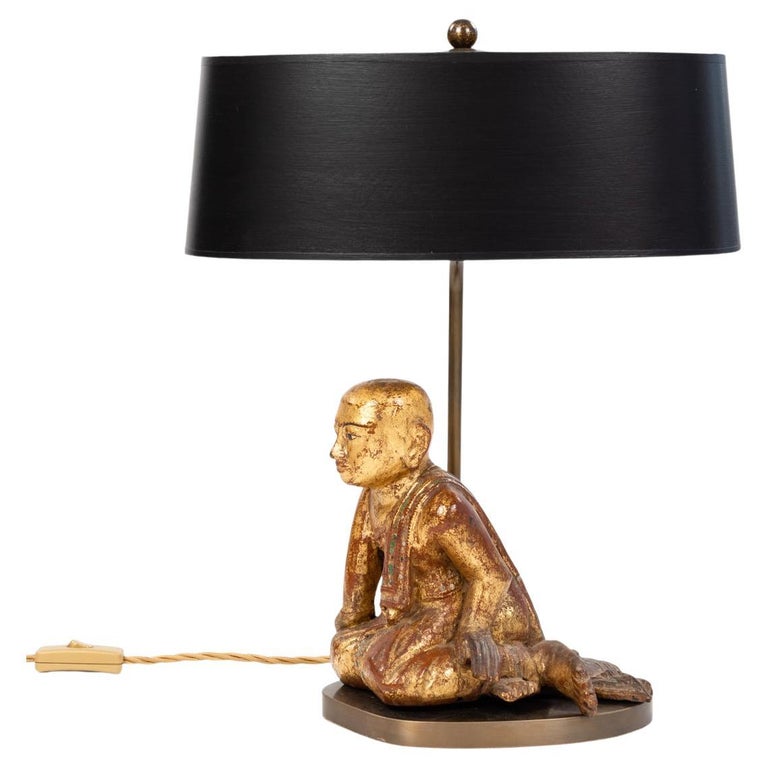 Table Lamp Sitting Wooden Mandalay Priest with Decorations, Burma, 19th Century For Sale at 1stDibs
