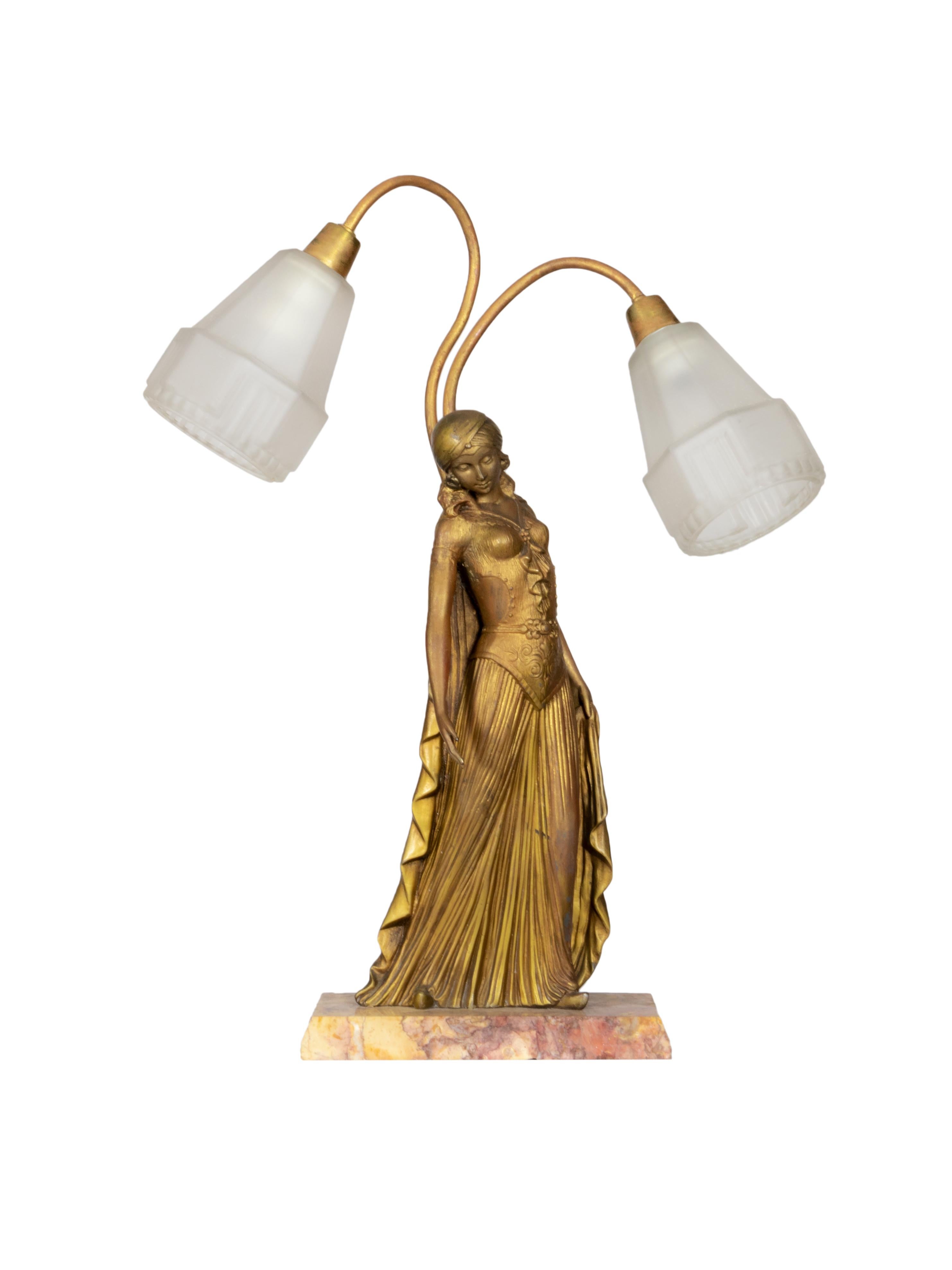 Patinated Table Lamp Statue By Georges Van de Voorde, France, 1925 For Sale
