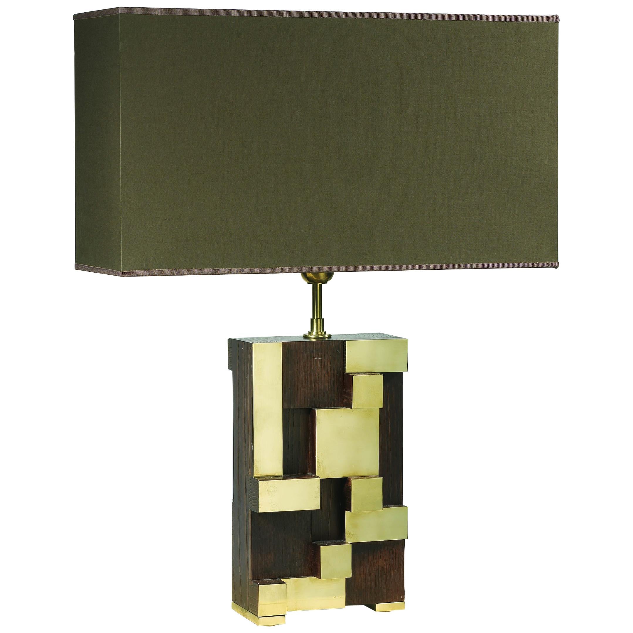 Table Lamp Step in Brown Oakwood and Brass For Sale