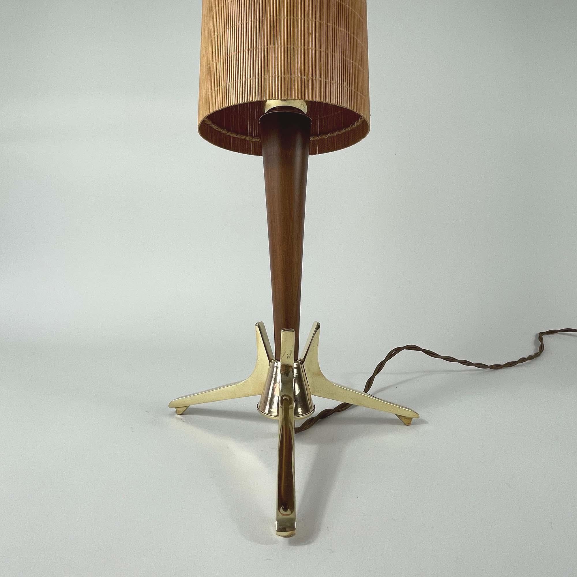 Laiton Lampe de table Teck, laiton, rotin - Suède 1950s en vente