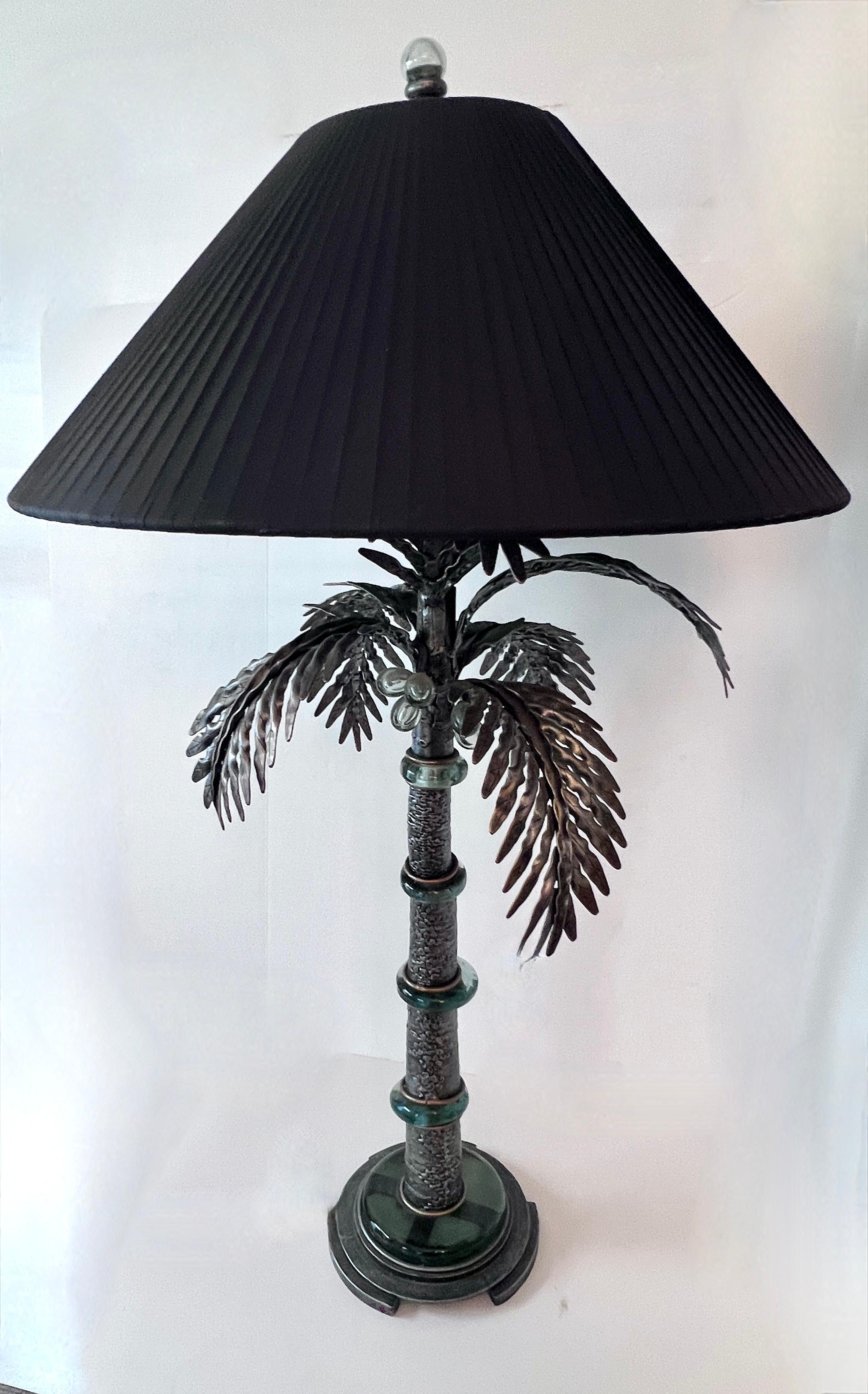 Patinated Table Lamp the shape of a Palm Tree with Art Glass Disks and Metal Metal Fronds For Sale