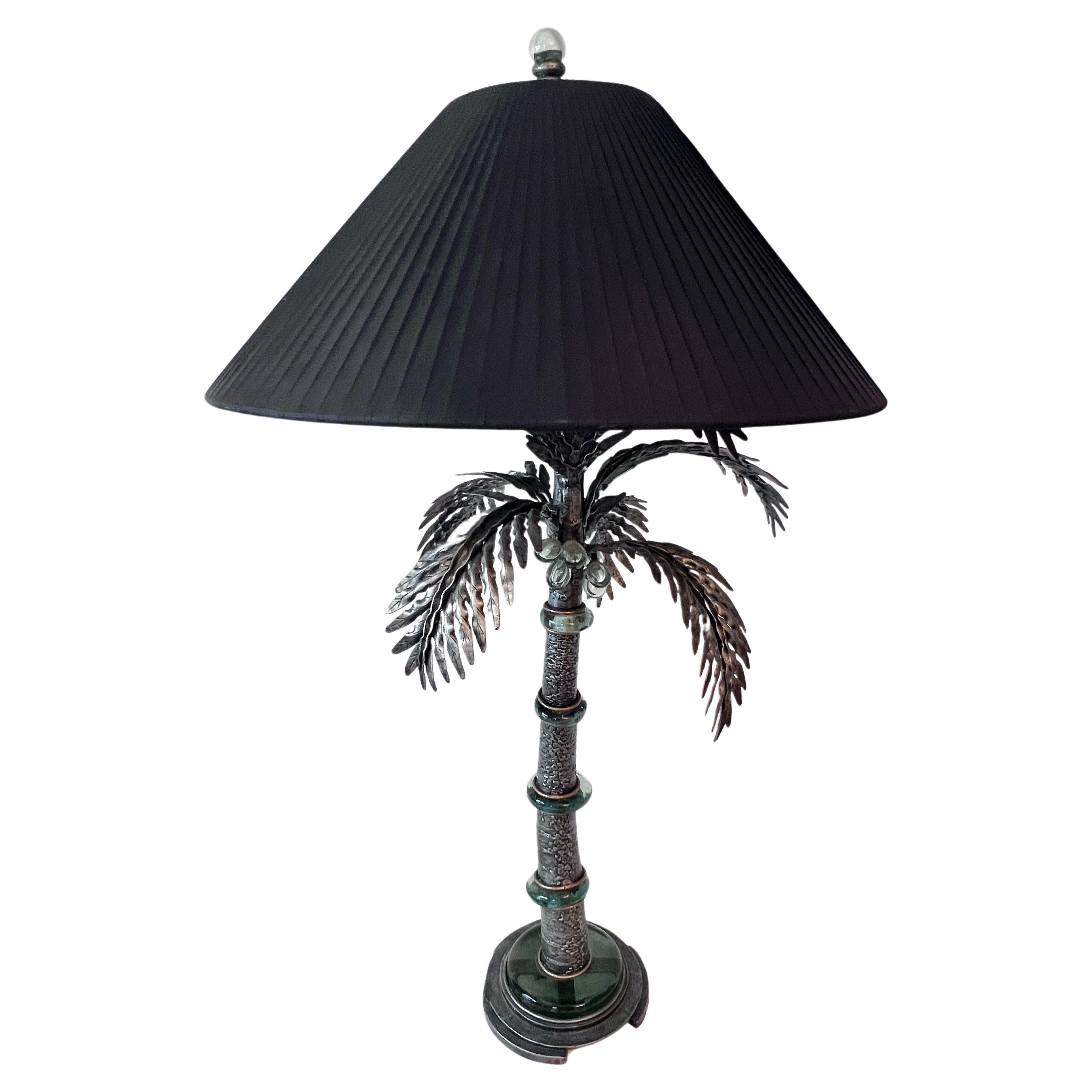 Lampe de table en forme de palmier avec disques en verre d'art et grenouilles en métal