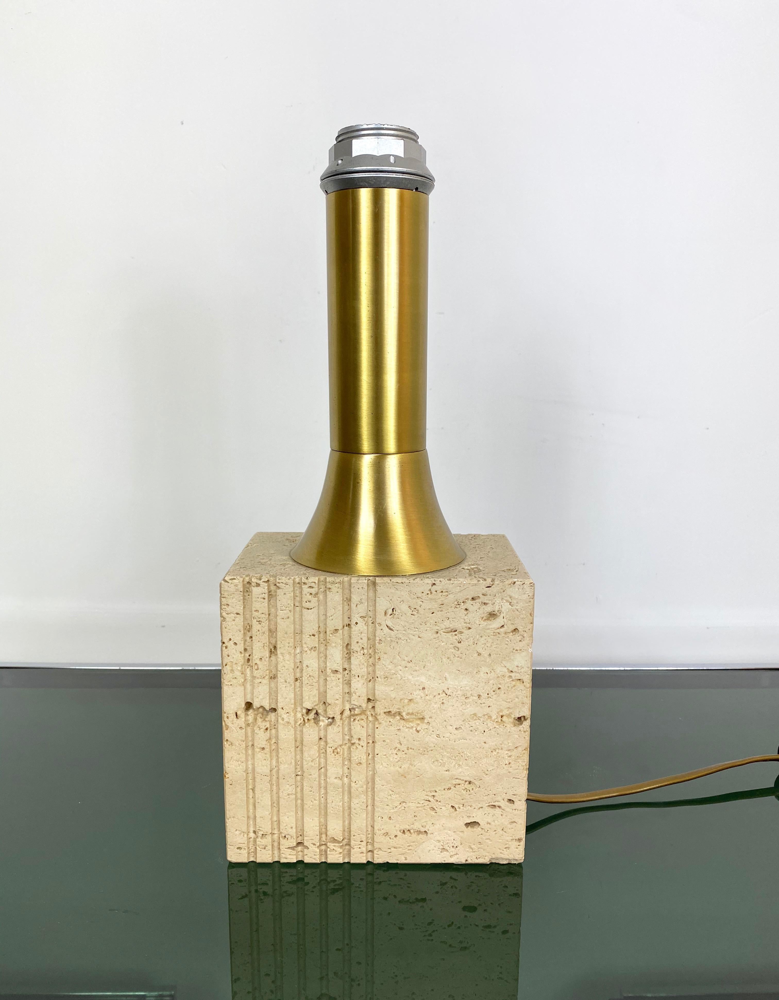 Metal Table Lamp Travertine Base and Brass by Fratelli Mannelli, Italy, 1970s For Sale