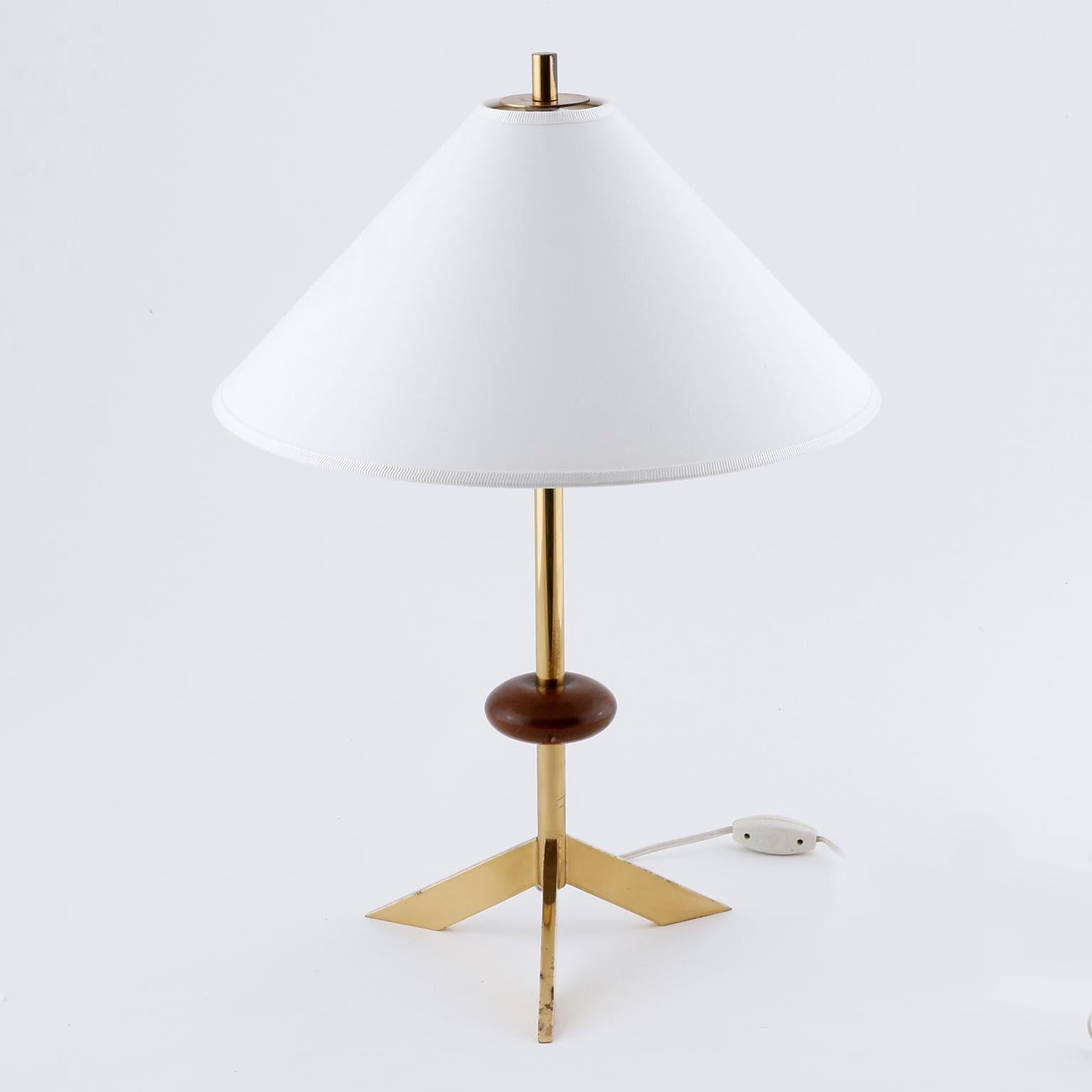 Austrian Table Lamp Tripod Base, Brass Walnut Wood White Shade, Austria, 1960s For Sale