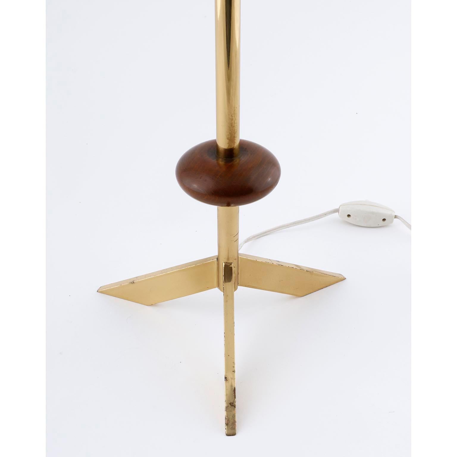 Mid-20th Century Table Lamp Tripod Base, Brass Walnut Wood White Shade, Austria, 1960s For Sale