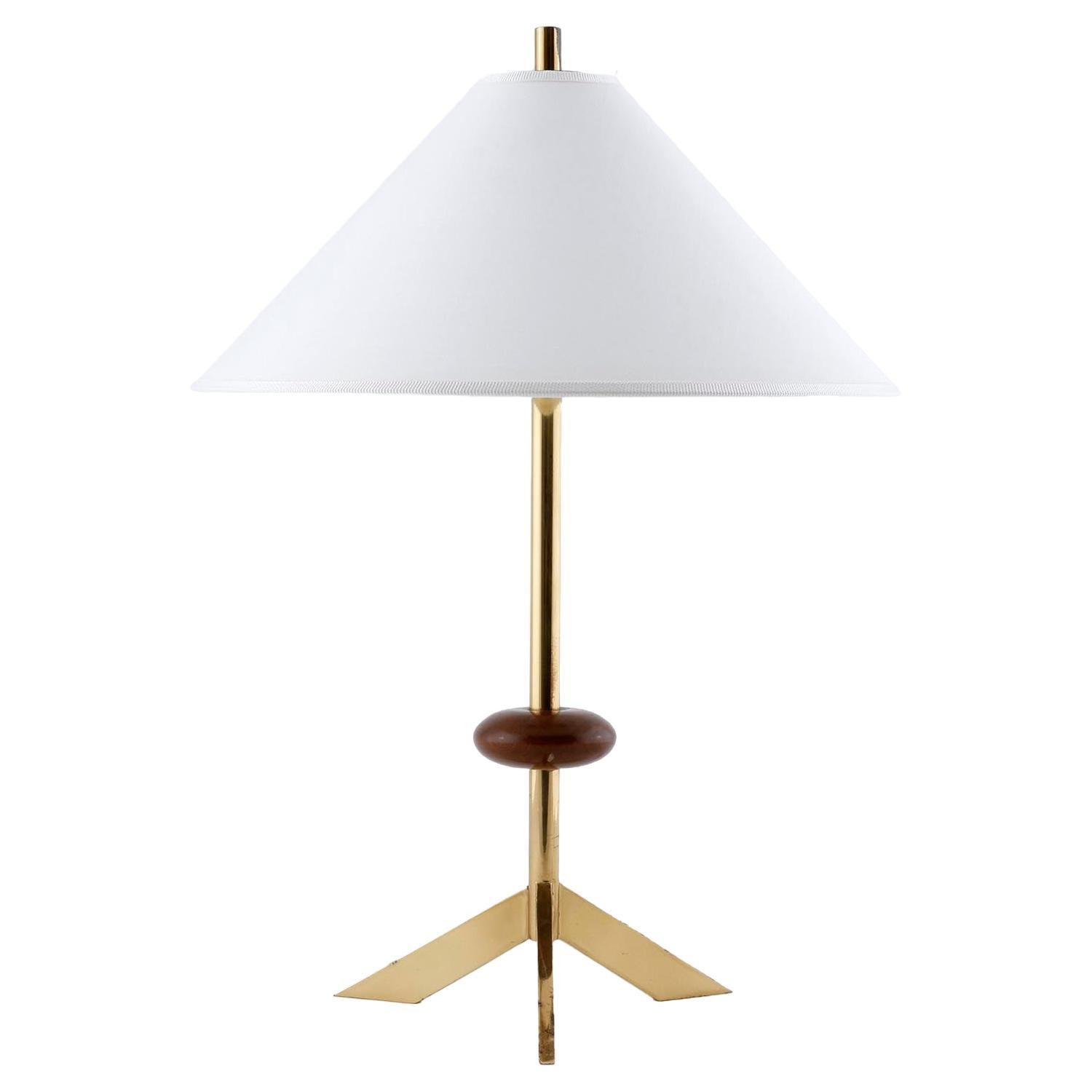 Table Lamp Tripod Base, Brass Walnut Wood White Shade, Austria, 1960s For Sale