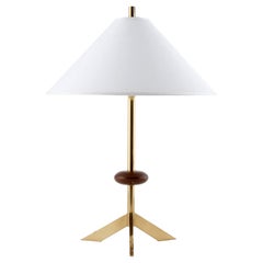 Vintage Table Lamp Tripod Base, Brass Walnut Wood White Shade, Austria, 1960s